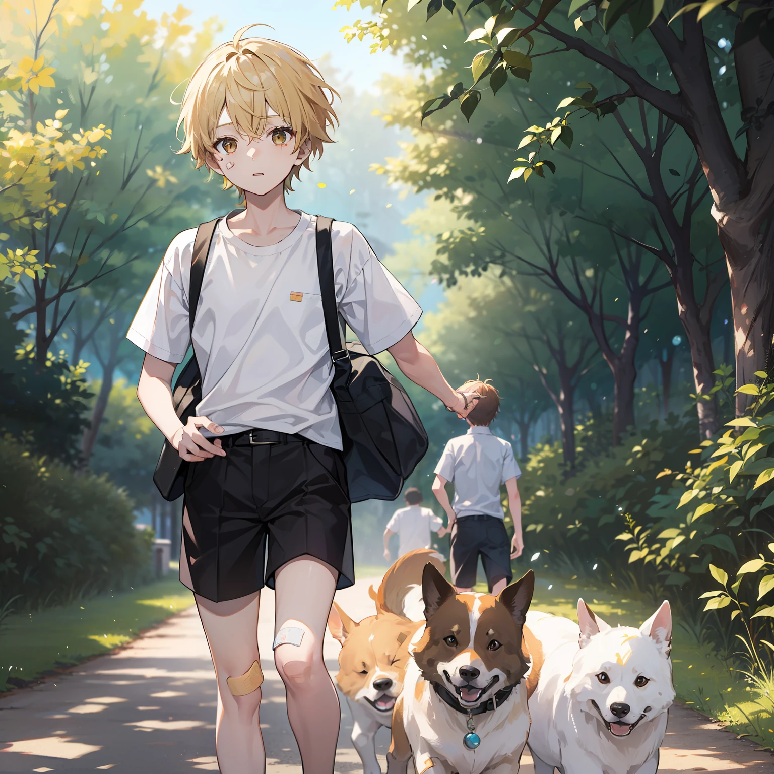 12 year old boy(Relaxed、sun beam、Kind),Short blonde hair,Light brown eyes,A band-aid is attached to the neck,Wear a white shirt,Chased by a group of dogs,tmasterpiece,hightquality