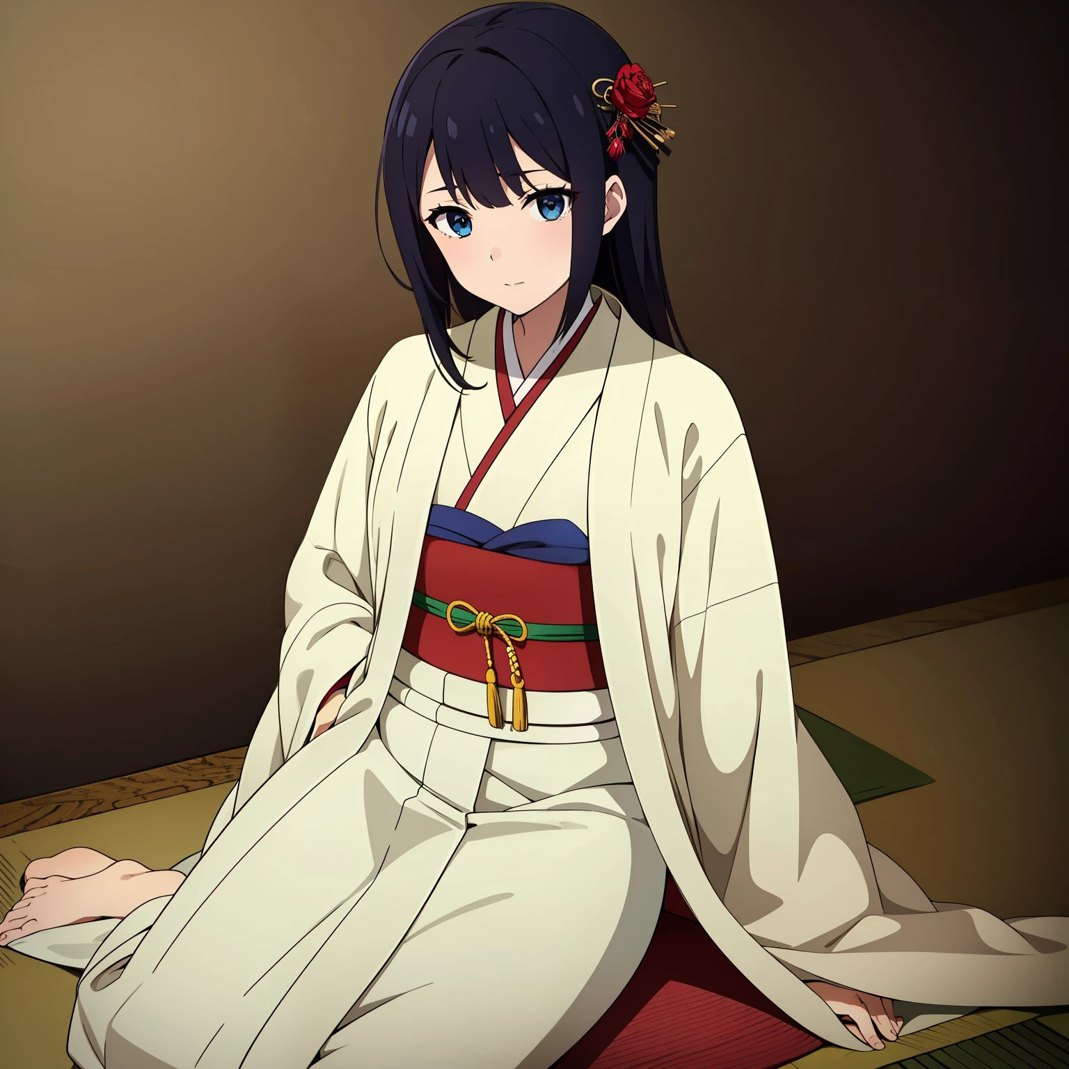 masterpiece, best quality, 1girl had long black hair. She wore a kimono, a robe over it, and a kanzashi in her hair.