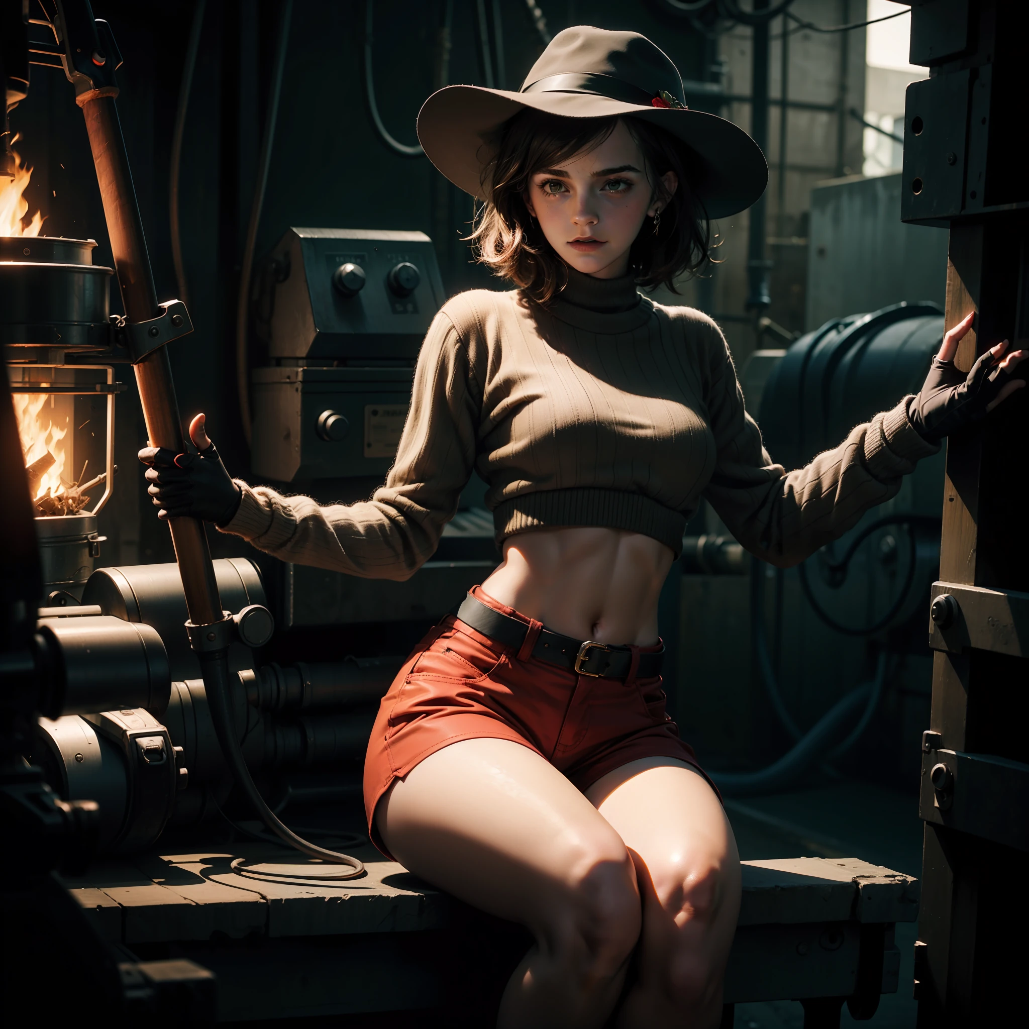 teen emma watson as a sexy female version of Freddy Krueger sitting on a fence. tight intricate crop sweater with red and green stripes. brown shorts. slender body. inside dark metal factory. dark background, furnace. black fedora hat. glove with blades on the fingers. arms raised. horror mood. silent hill.