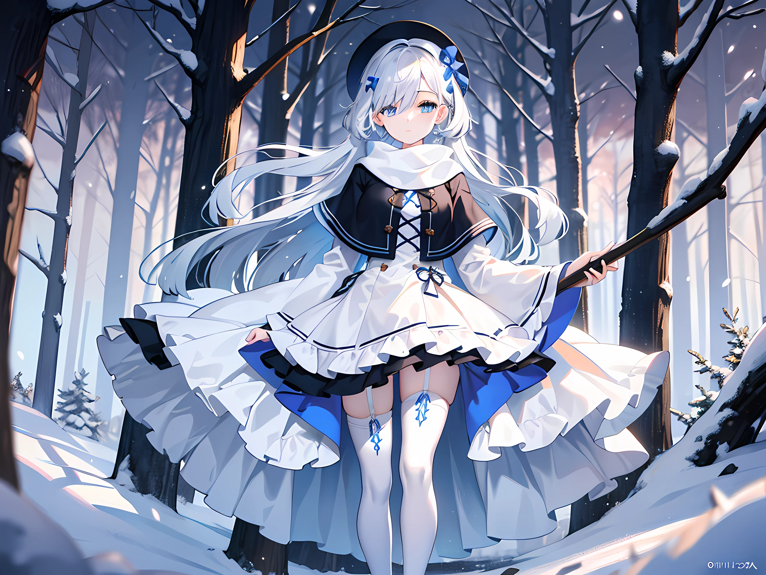 Light blue eyes，Princess cut，whaite hair，White thigh boots，White Gothololita，White over-the-knee stockings，white bows，Full body like，sweeping bangs，half-closed eye，Long white scarf，forested，Night，at winter season，tmasterpiece，4K，Award-winning photos，extremely detaile，finely detailled，Highly detailed woman， girls，Extremely detailed eyes and face，best quailty，Indifferent expression，Standing