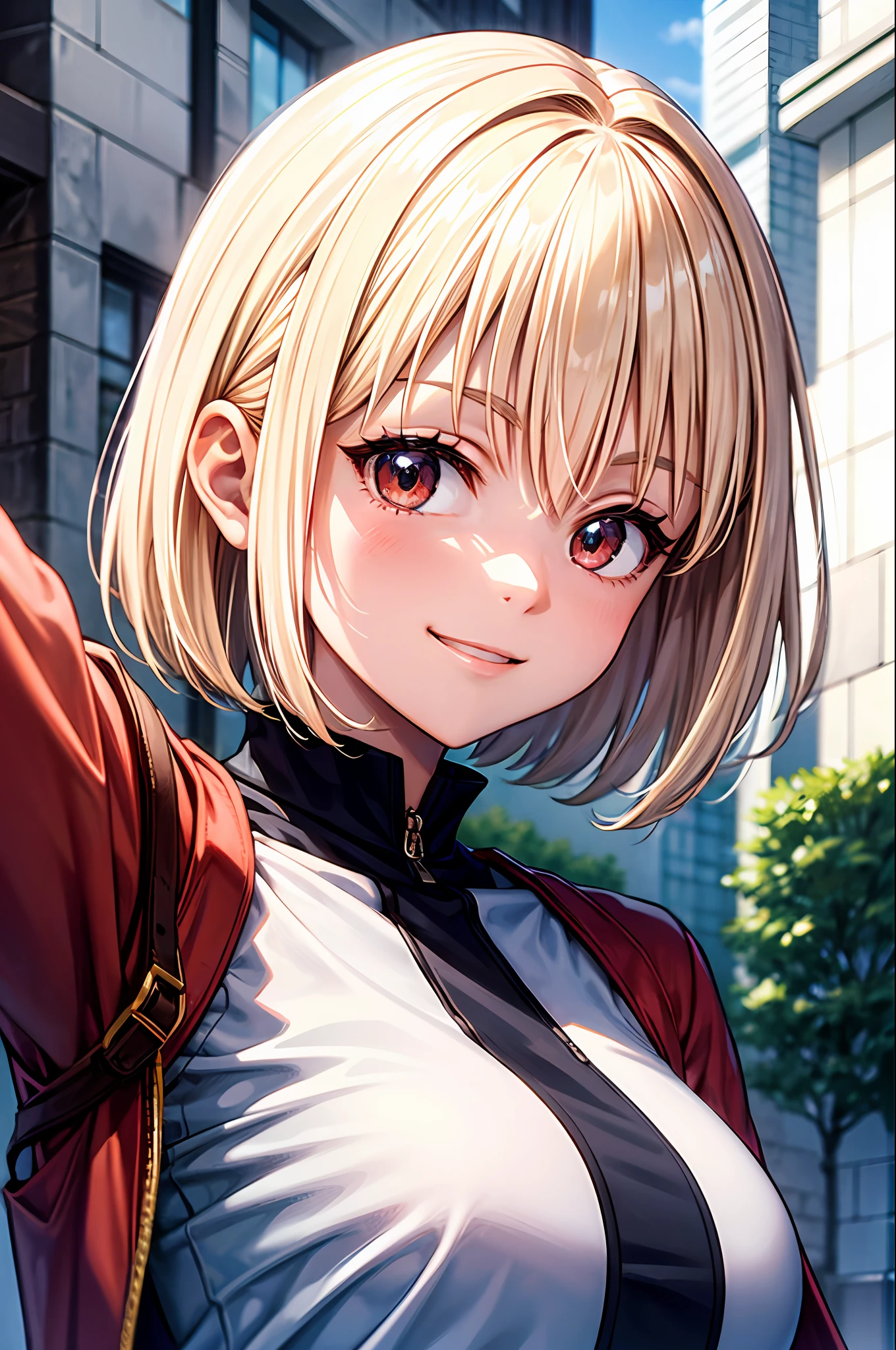 (best-quality:0.8), (best-quality:0.8), perfect anime illustration, extreme closeup portrait of a pretty woman walking through the city, short hair, chisato nishikigi, sweet smile, chill, blonde