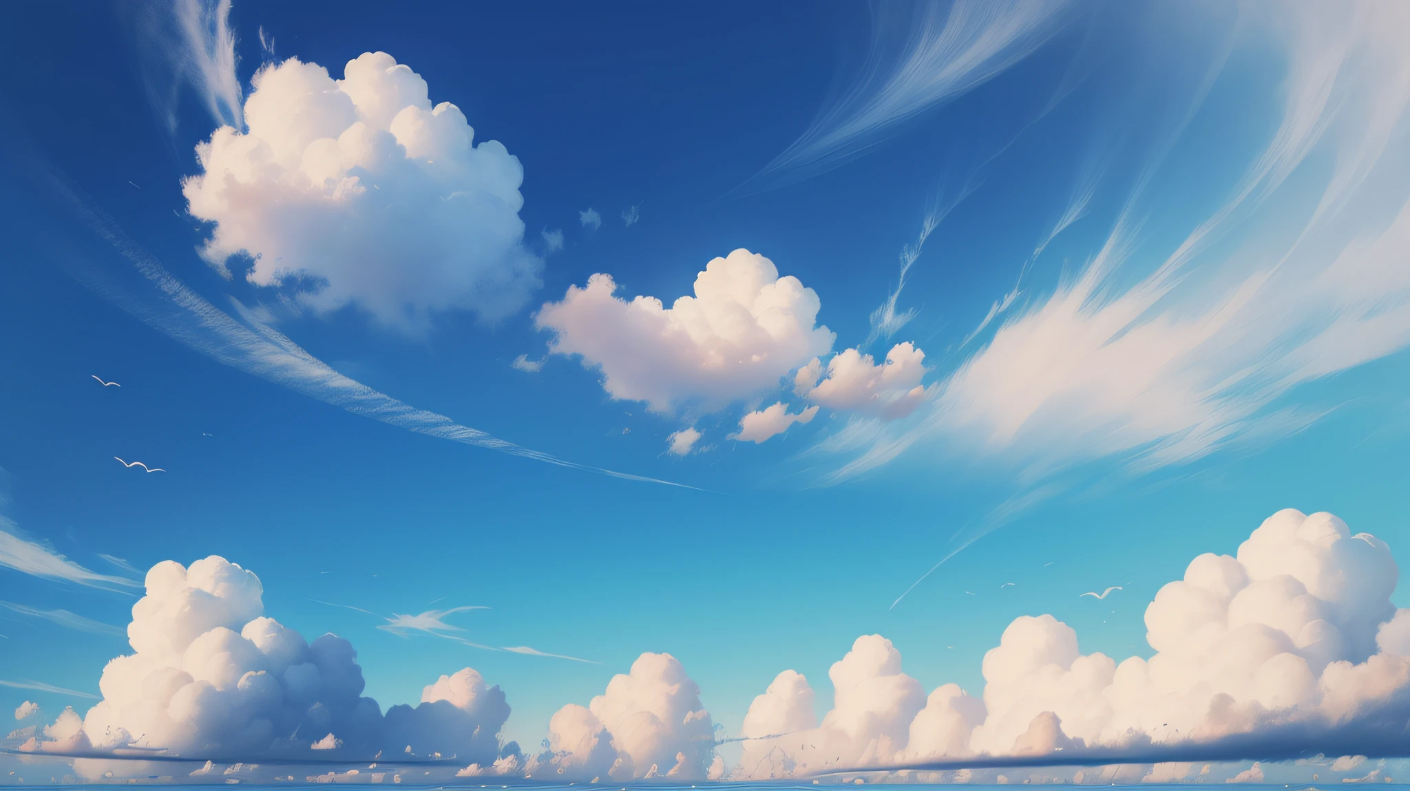 (importante qualidade), estilo anime, Magnificent floating clouds, Blue sky with beautiful clouds, nuvens passageiras, (enfoque na atmosfera), efeito de anime intensificado, paisagem surreais, dramatic expression.