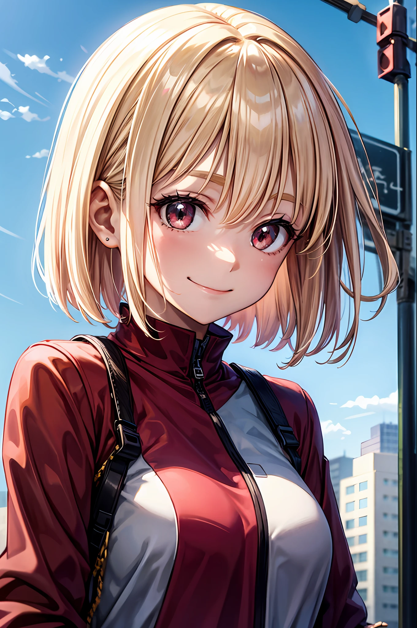 Anime girl with blonde hair and red jacket standing in front of a ...