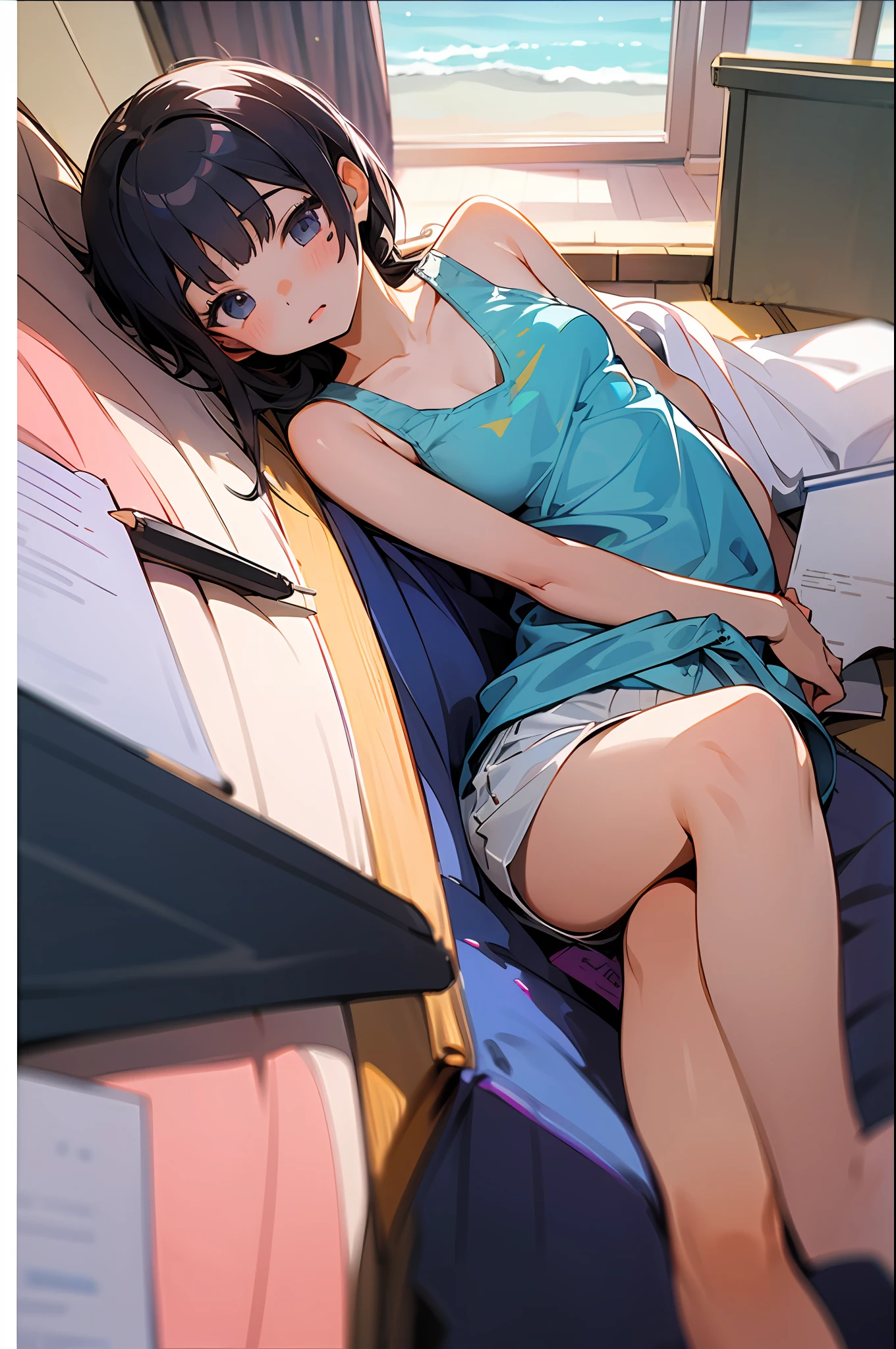 女の子1人、Summer vacation morning、（（（Girl doing homework）））、Pencil、notebook、Short pants、Tank Tops、small tits、dressing gown