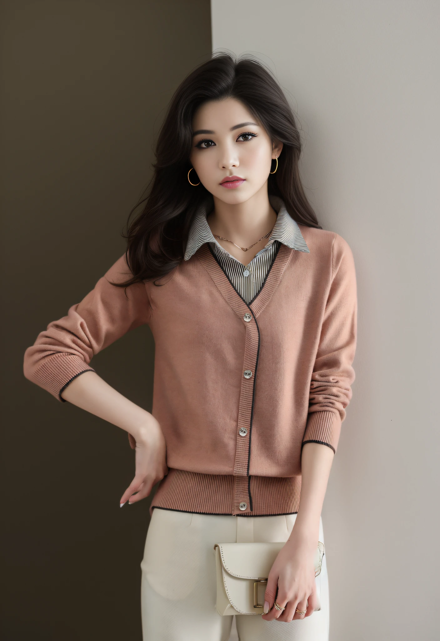 8K，Thirty Years Female，Temperament，Korean model，Fine fine skin，highly detaile，Digital photography，surrealism painting，beatifull（tmasterpiece，Sideslit，Fine beautiful eyes：1.2），prette，high qulity，Original Drawing，Realistic details of skin，cabelos preto e longos，Natural light and shadow，sharp fokus，Ultra-fine face，photo-realistic，standingn，High details，cinmatic lighting，The ultra -The high-definition，Anatomical correct，best quailty，stylish outfit，Official Product Pictures，product introduction photos，