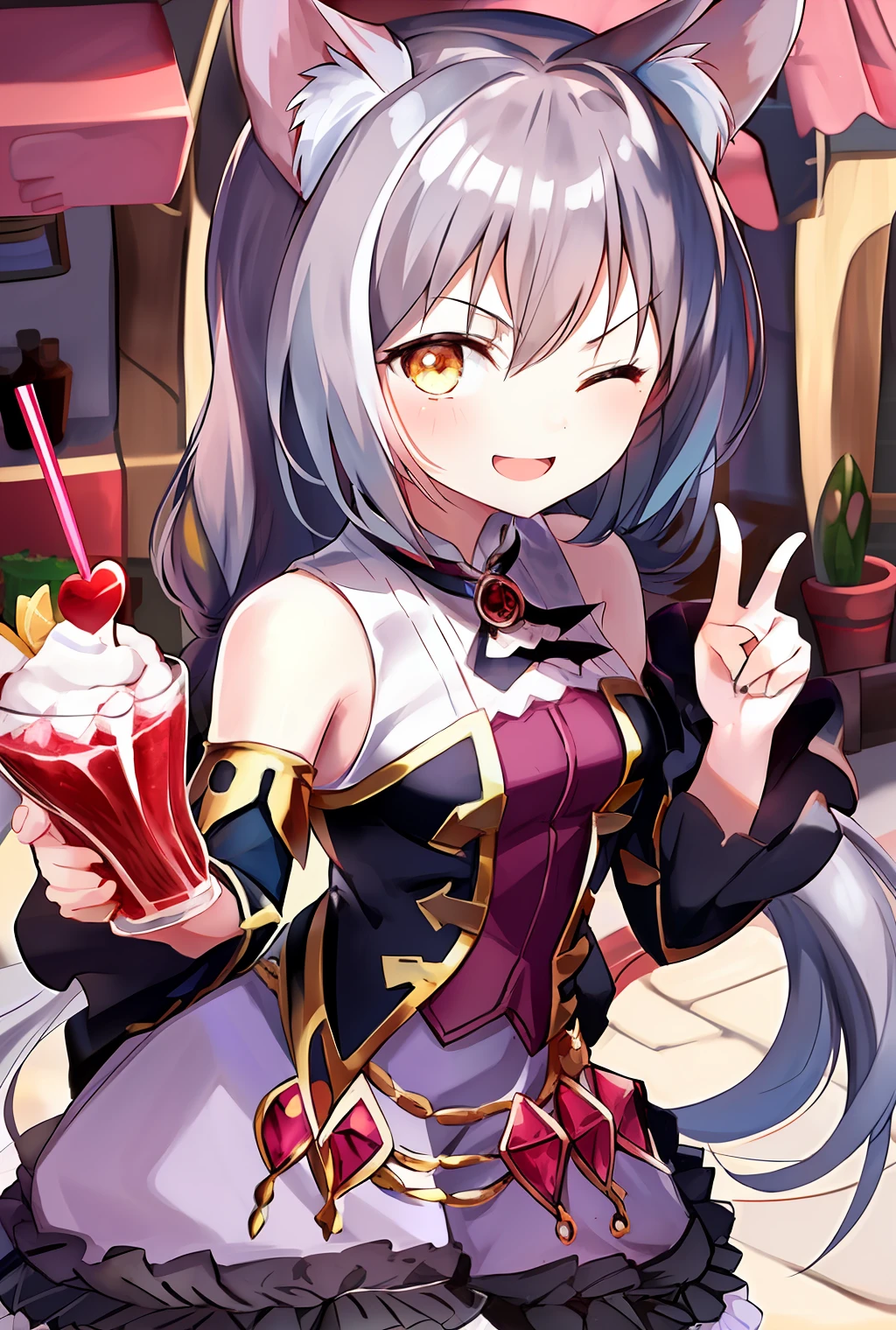 1girl, chibi,parfait,hand,drinking,v sign,beckoning,happy,love you,one eye closed