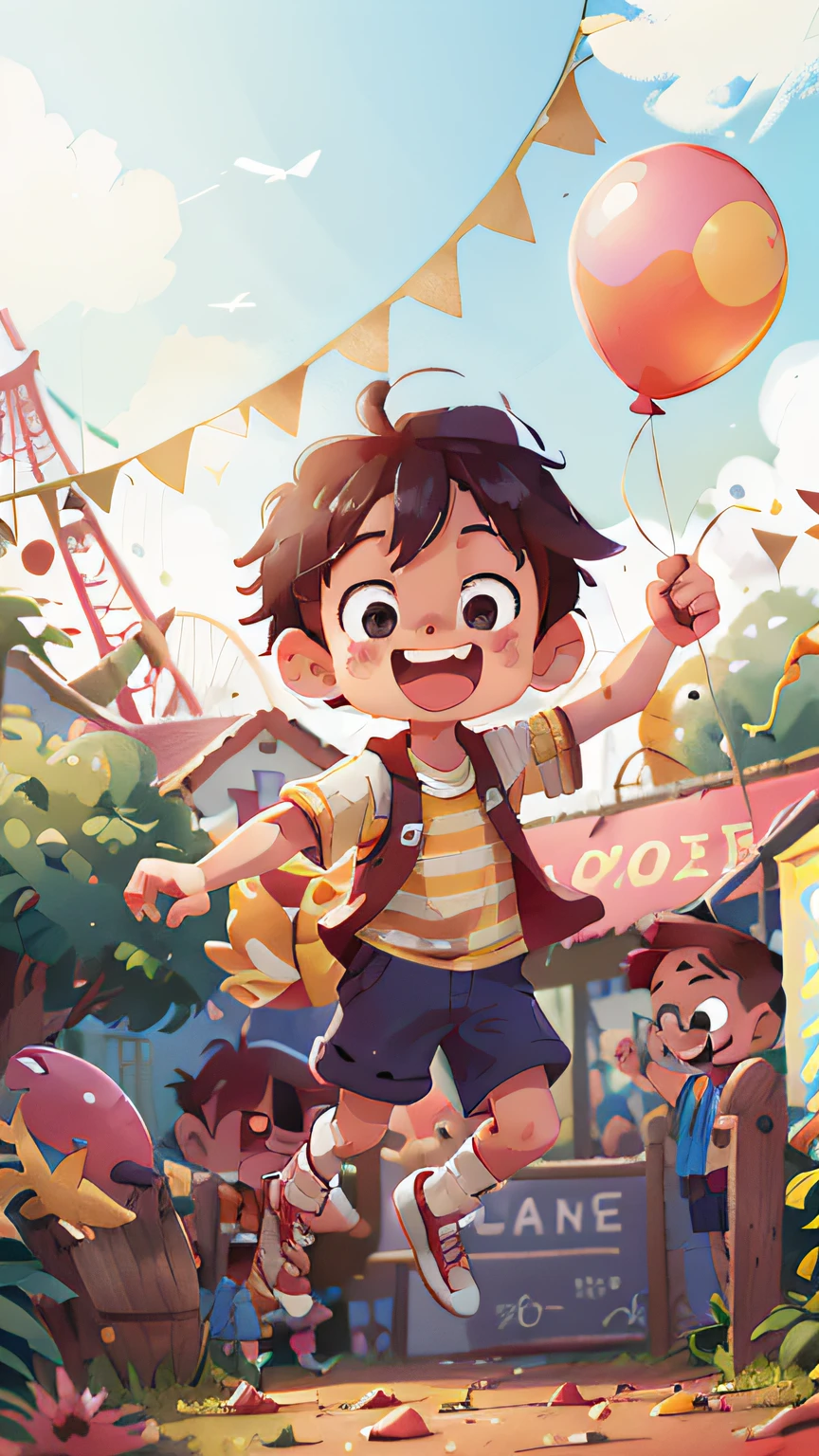 Poster making, Children's Day, in the amusement park, a little boy holding a balloon, happy, jumping, happy --v 6
