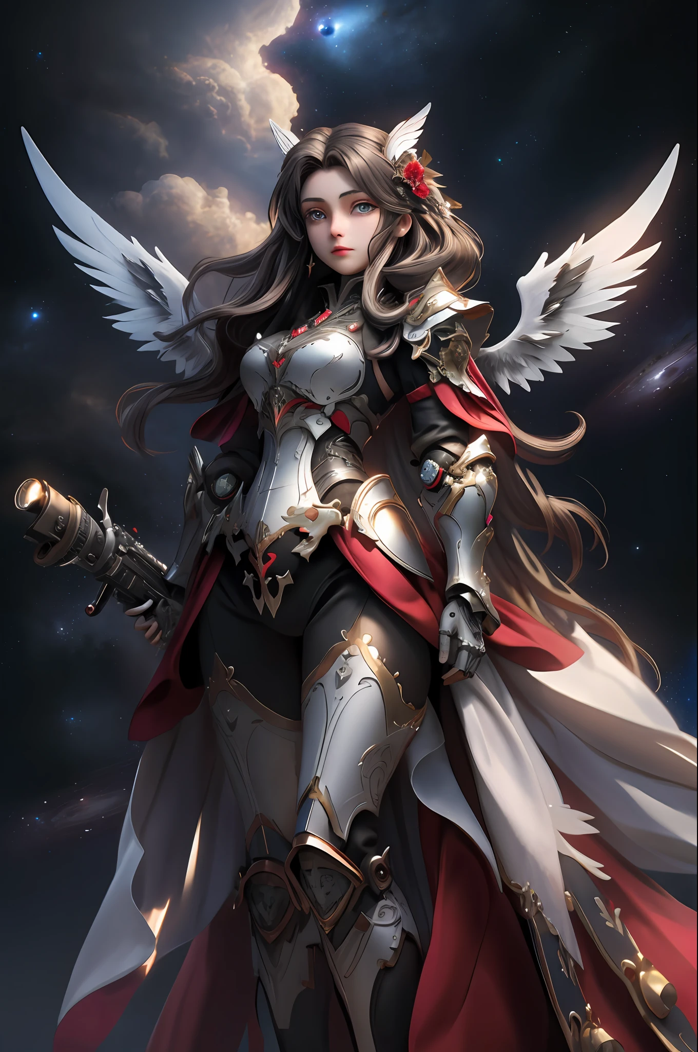 A dark angel dressed in mechanical armor,(best quailty,8K,tmasterpiece:1.3),digital DSLR camera,hightquality,((A dark angel dressed in mechanical armor,With wings,sacred aura,floating in air,falling from the sky)),Dark planet background,Petite body,(beautiful detailed eyes), (Super detail), (Desktop Wallpapers),Beautiful face ,(Detailed face),perfect figure beautiful woman:1.4, Clear facial features,space,salama,Dramatic scenes,cinmatic lighting,super high-RES,ultra high detailed,k hd,(dynamicposes),Ride on a cloaked warhorse