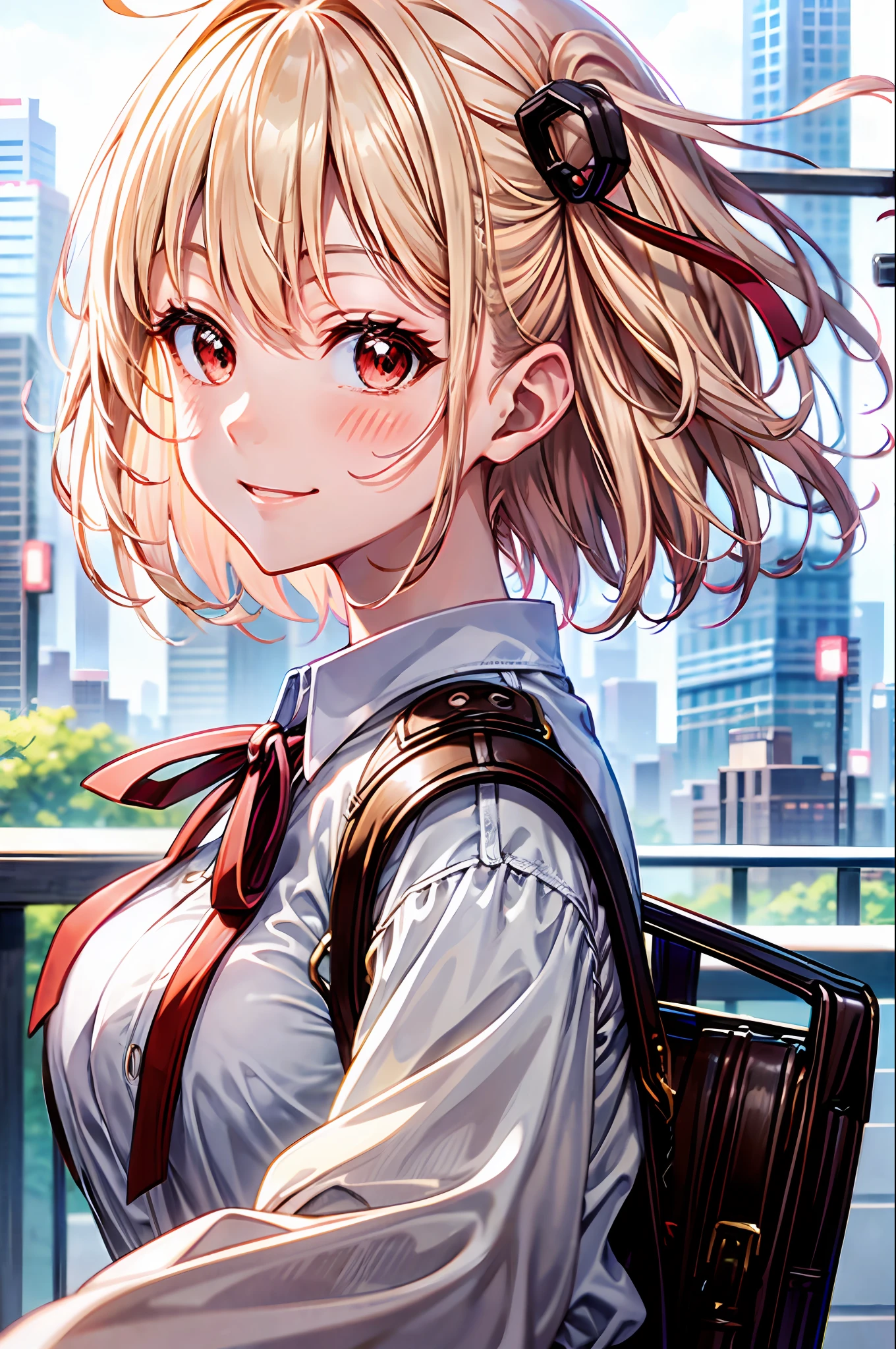 (best-quality:0.8), (best-quality:0.8), perfect anime illustration, extreme closeup portrait of a pretty woman walking through the city, short hair, chisato nishikigi, sweet smile, chill, blonde