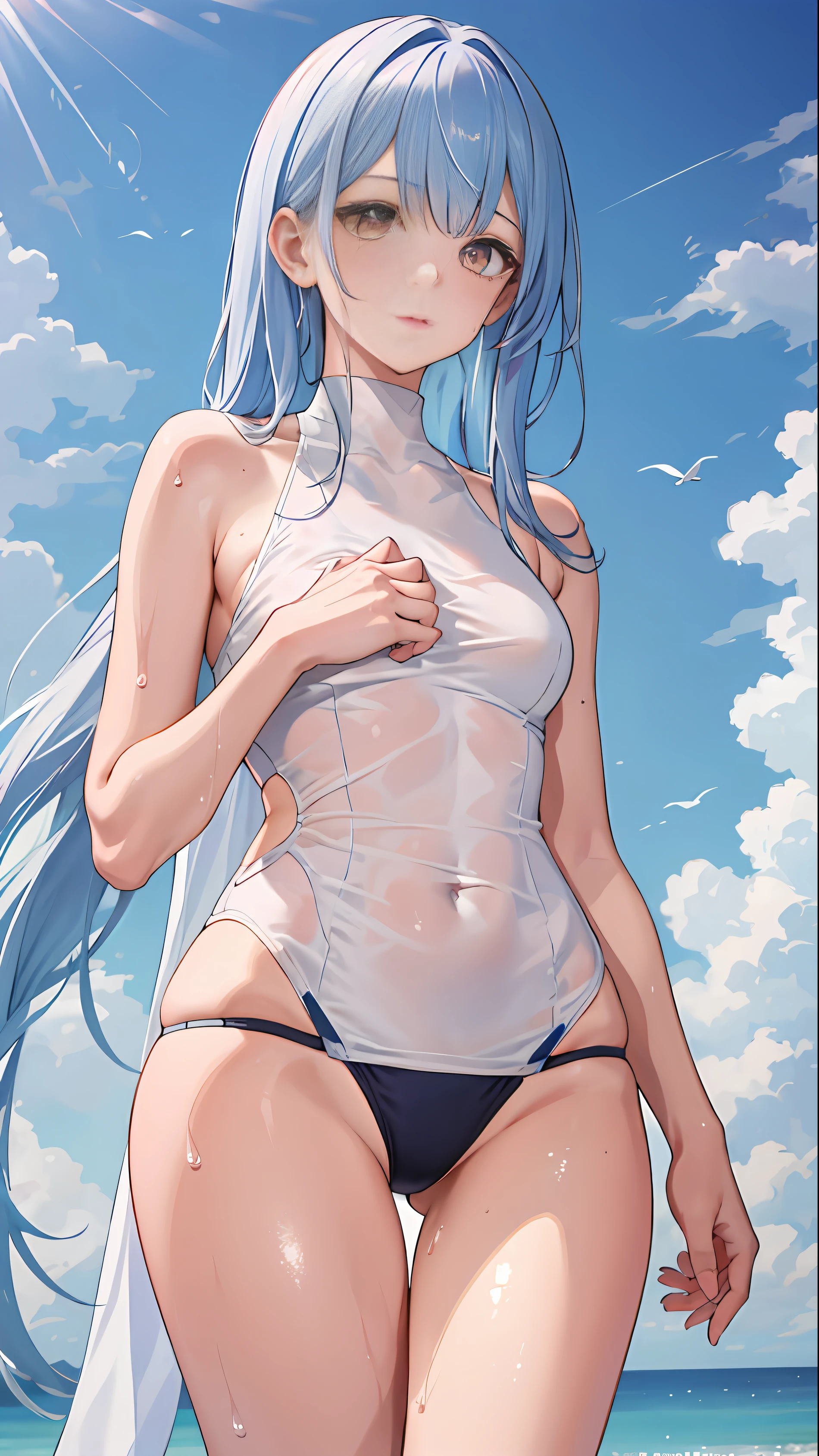 1girl, solo, swimsuit wear, white shirt, masterpiece, best quality, realistic, hyper-detailed, slender, (shiny skin, sweaty:1.4), absurd, looking at viewer, short twintail, white hair, brown eyes, dynamic lighting, high resolution, sharp focus, depth of field, detailed eyes, sharp pupils, realistic pupils, (small breasts:1.3), (thick thighs:1.1), outdoor, sky,sweaty, see through cloth , visible breast