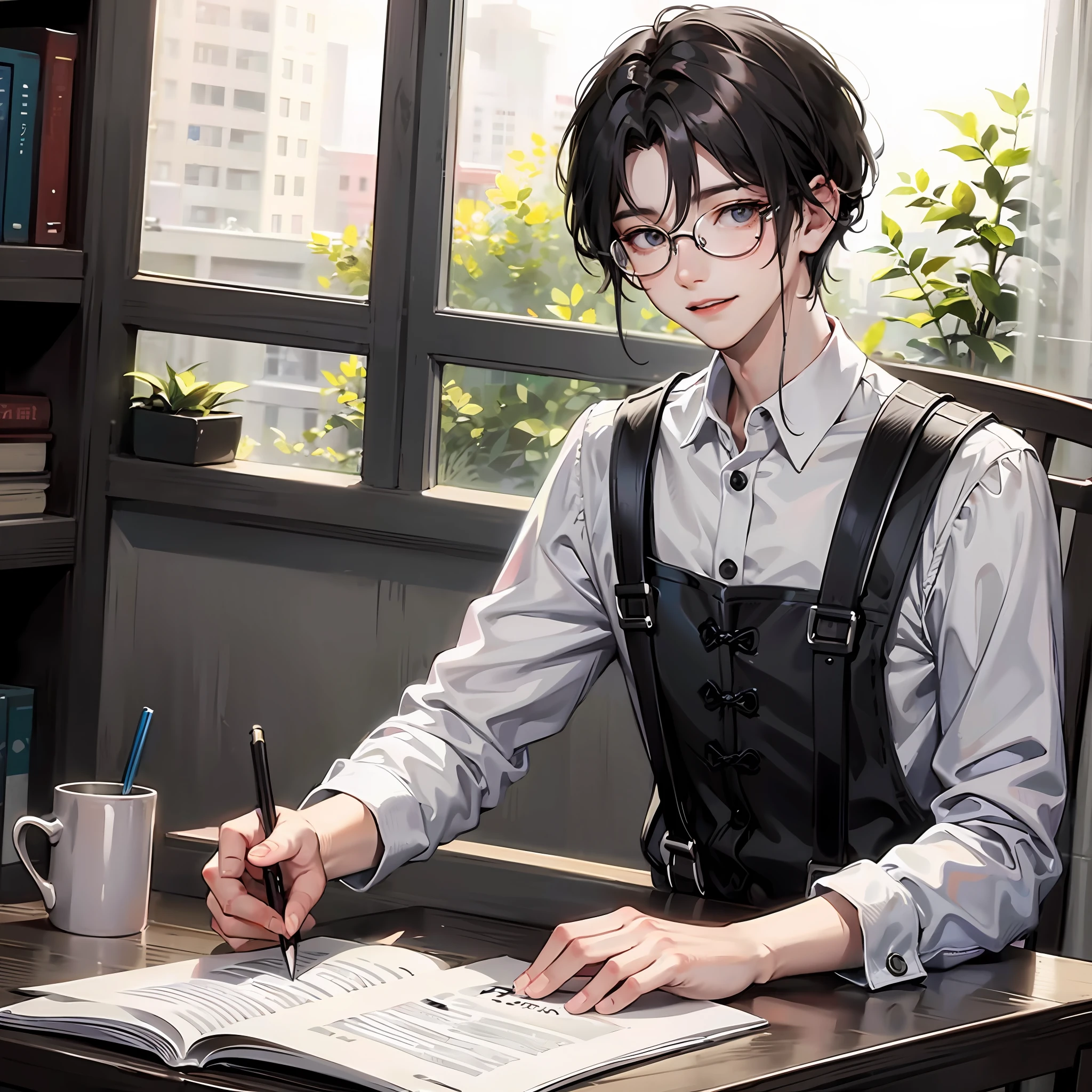 Chinese boy，Wearing glasses，ssmile，Split head，Black and white suspenders，Write homework，photorealestic