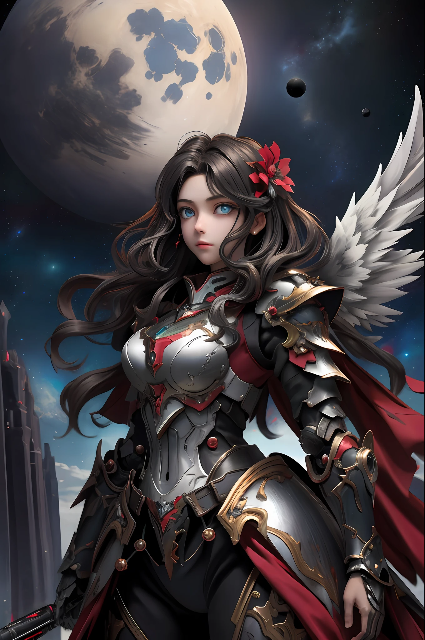 A dark angel dressed in mechanical armor,(best quailty,8K,tmasterpiece:1.3),digital DSLR camera,hightquality,((A dark angel dressed in mechanical armor,With wings,sacred aura,floating in air,falling from the sky)),Dark planet background,Petite body,(beautiful detailed eyes), (Super detail), (Desktop Wallpapers),Beautiful face ,(Detailed face),perfect figure beautiful woman:1.4, Clear facial features,space,salama,Dramatic scenes,cinmatic lighting,super high-RES,ultra high detailed,k hd,(dynamicposes),Ride on a cloaked warhorse