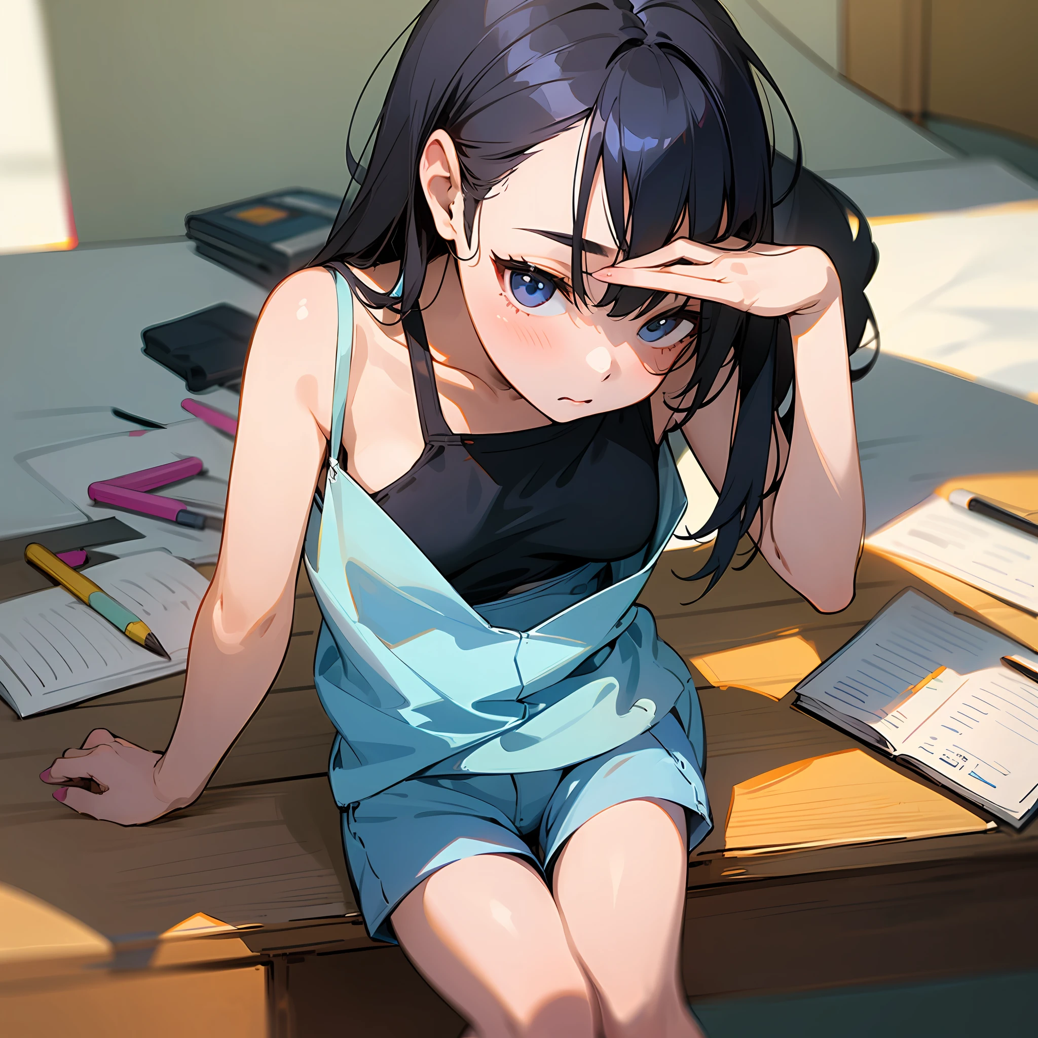 masterpiece、女の子1人、summer vacation、(((Girl doing homework)))、Pencil、notebook、Boken、stationery、Short pants、Tank Tops、small tits、dressing gown