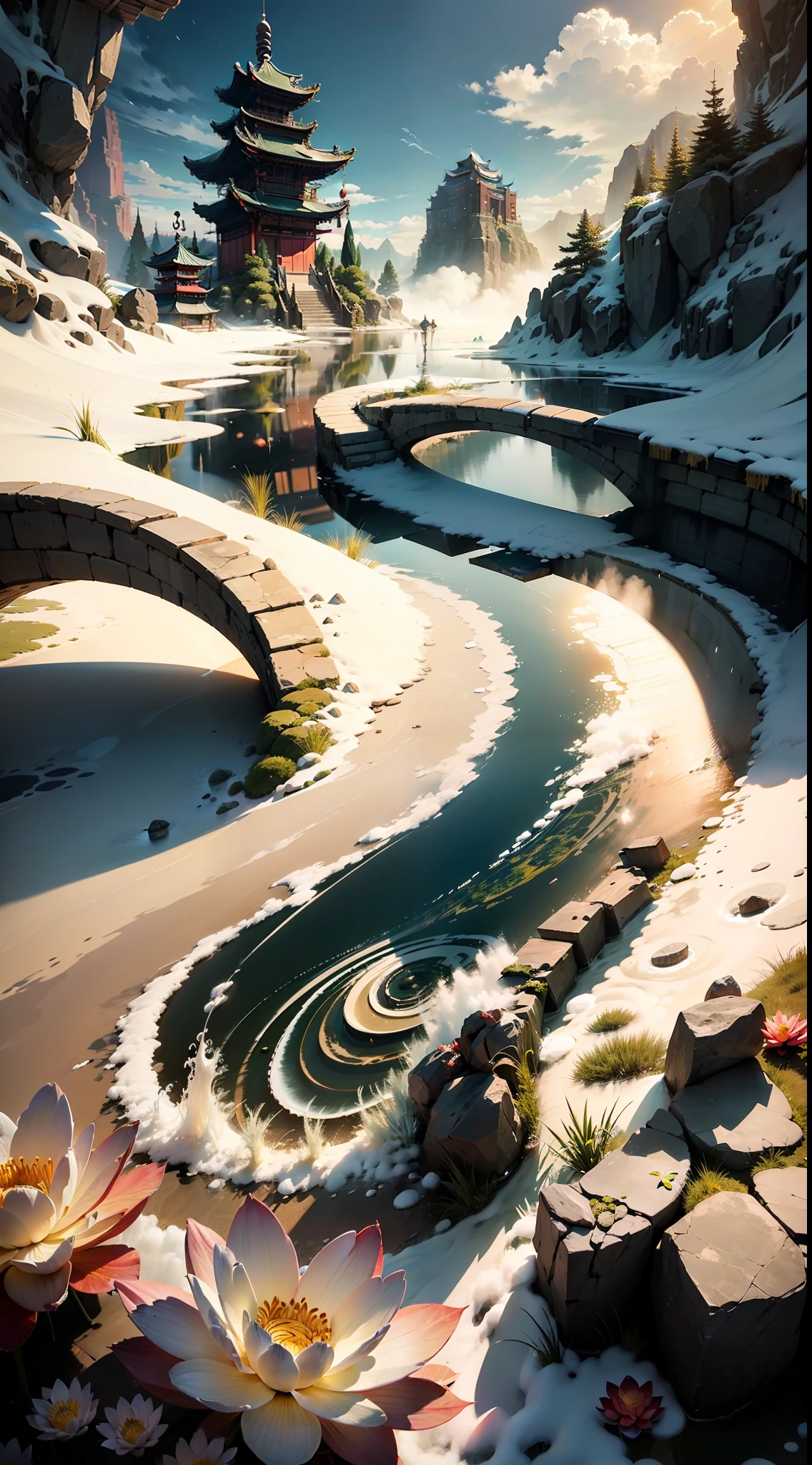 Generates night hours,Image of an ancient Chinese palace located above the clouds,shrouded in mist,Surrounded by majestic landscape。The palace should be decorated with glazed tiles、BUDDHA STATUE、Lanterns and bright colors,Such as blue、green color、Red and gold。The image should include hot springs,Lotus flowers and splashing water,As well as elements of color and splash ink,to add to the fantastic atmosphere。The final image should be a masterpiece,With high-quality graphics and intricate details,Transports the viewer to a world full of wonder and magic