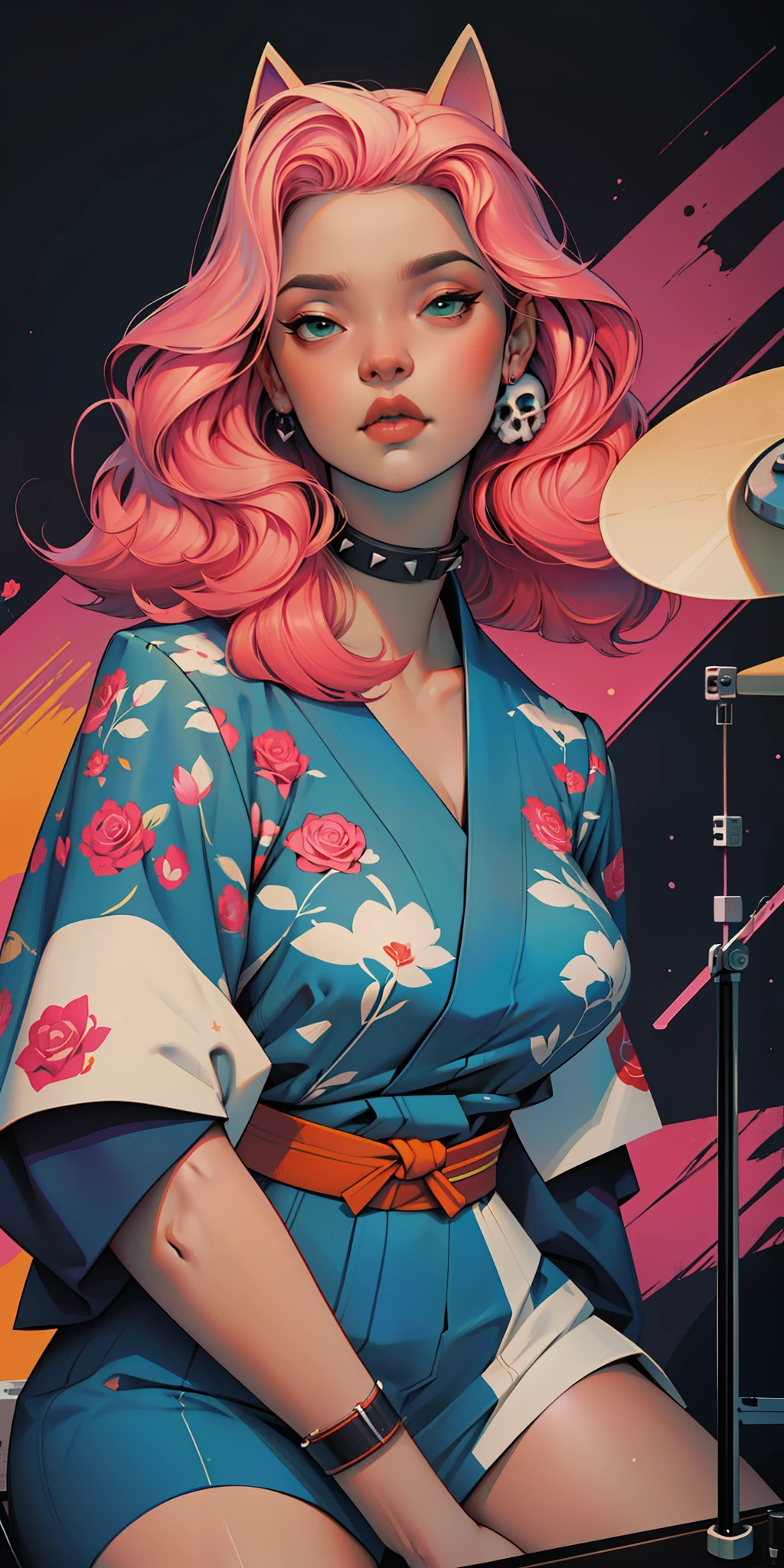Background, In chic boho style, in club, Ice cream print, multi-colored neon lights, neon garlands, rose hair, mixed-language_SMS, Japanese, (beautiful and clear background:1.2),, fantastic paintings ,graffit style, highly detail eyes , underwear, lace, latex, Pink, Purple, mint, Blue, Yellow, belve, lavender hair, Skull Print, body piercings, Loving, Love, ultra detail hair, Masterpiece, Best Quality, hiquality, hight resolution, detail enhancement, ((most beautiful image in the world)), Masterpiece, Best Quality, hiquality, hight resolution, detail enhancement, ((most beautiful image ), Shiny pink degrade hair, Ultra Short Fitted Stampa, art by stjepan sejic, art by j scott campbell, Artist Guillem March, art by citemer liu, 4k, hight resolution, comic book character, comic, high quality detailed, style of ::2.0 comix illustration style,tatoon style, hiquality, hight resolution, detail enhancement, 8K, HD, Best Quality, hiquality, hight resolution, detail enhancement, 8K, HDR, sharp-focus, Ultra Detailed, perfect lighting, Curvy Body, Lush breasts, Curvy hips, skull print on clothes, rock, rock star, Cool,black leather jacket with skull print, style of, spikes, Punk Rock, Wolf, Cat's ears, Cool bracelets, Choker, calavera, gotik, Skinny, (((Plays drums))) Plays drums, Plays, Drums, drams drummer, drumsticks, virtuoso, Angel, feathers, geisha