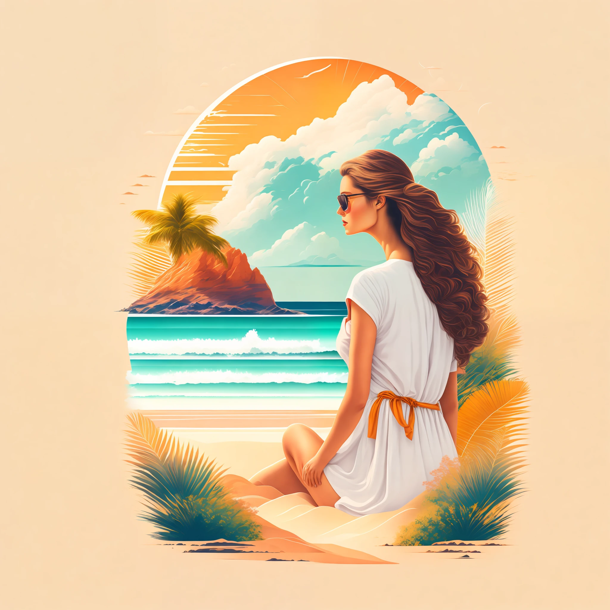 A woman on a beach in a summer landscape, design de camiseta, midjourney, arte vetorial,