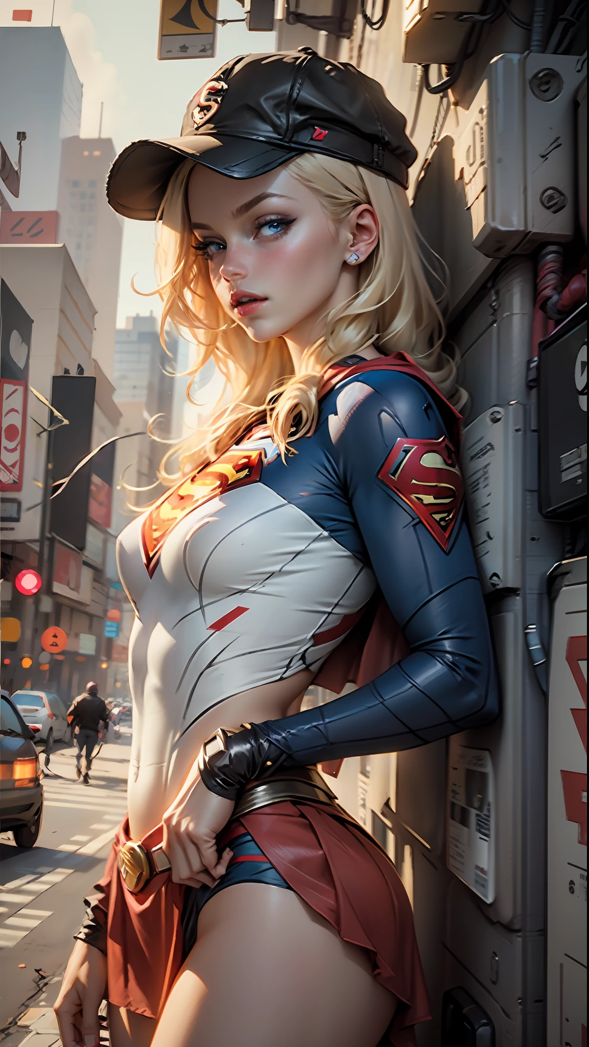 Beautiful Supergirl medium blonde, Wearing a cap, cyberpunk style short clothes, with superman's S symbol on her chest, Blue eyes.