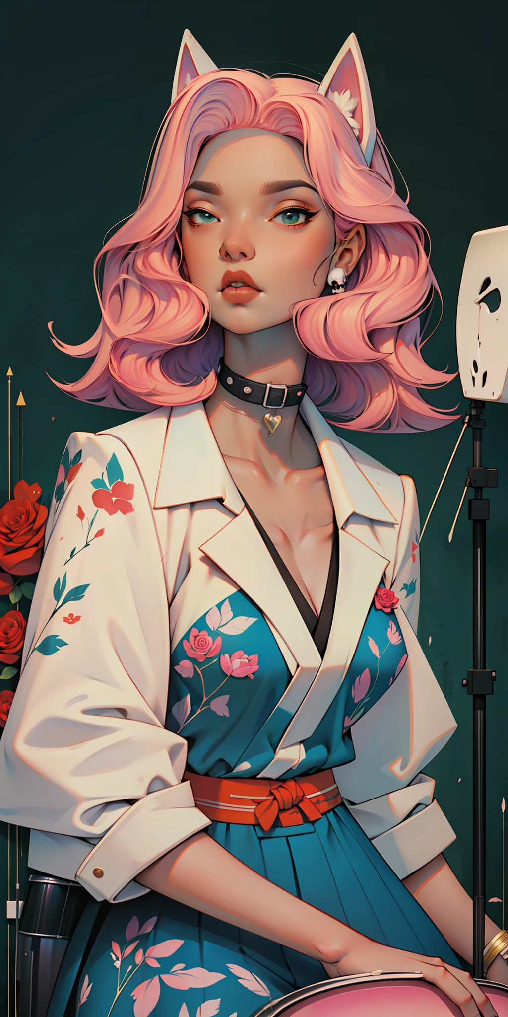 Background, In chic boho style, in club, Ice cream print, multi-colored neon lights, neon garlands, rose hair, mixed-language_SMS, Japanese, (beautiful and clear background:1.2),, fantastic paintings ,graffit style, highly detail eyes , underwear, lace, latex, Pink, Purple, mint, Blue, Yellow, belve, lavender hair, Skull Print, body piercings, Loving, Love, ultra detail hair, Masterpiece, Best Quality, hiquality, hight resolution, detail enhancement, ((most beautiful image in the world)), Masterpiece, Best Quality, hiquality, hight resolution, detail enhancement, ((most beautiful image ), Shiny pink degrade hair, Ultra Short Fitted Stampa, art by stjepan sejic, art by j scott campbell, Artist Guillem March, art by citemer liu, 4k, hight resolution, comic book character, comic, high quality detailed, style of ::2.0 comix illustration style,tatoon style, hiquality, hight resolution, detail enhancement, 8K, HD, Best Quality, hiquality, hight resolution, detail enhancement, 8K, HDR, sharp-focus, Ultra Detailed, perfect lighting, Curvy Body, Lush breasts, Curvy hips, skull print on clothes, rock, rock star, Cool,black leather jacket with skull print, style of, spikes, Punk Rock, Wolf, Cat's ears, Cool bracelets, Choker, calavera, gotik, Skinny, (((Plays drums))) Plays drums, Plays, Drums, drams drummer, drumsticks, virtuoso, Angel, feathers, geisha