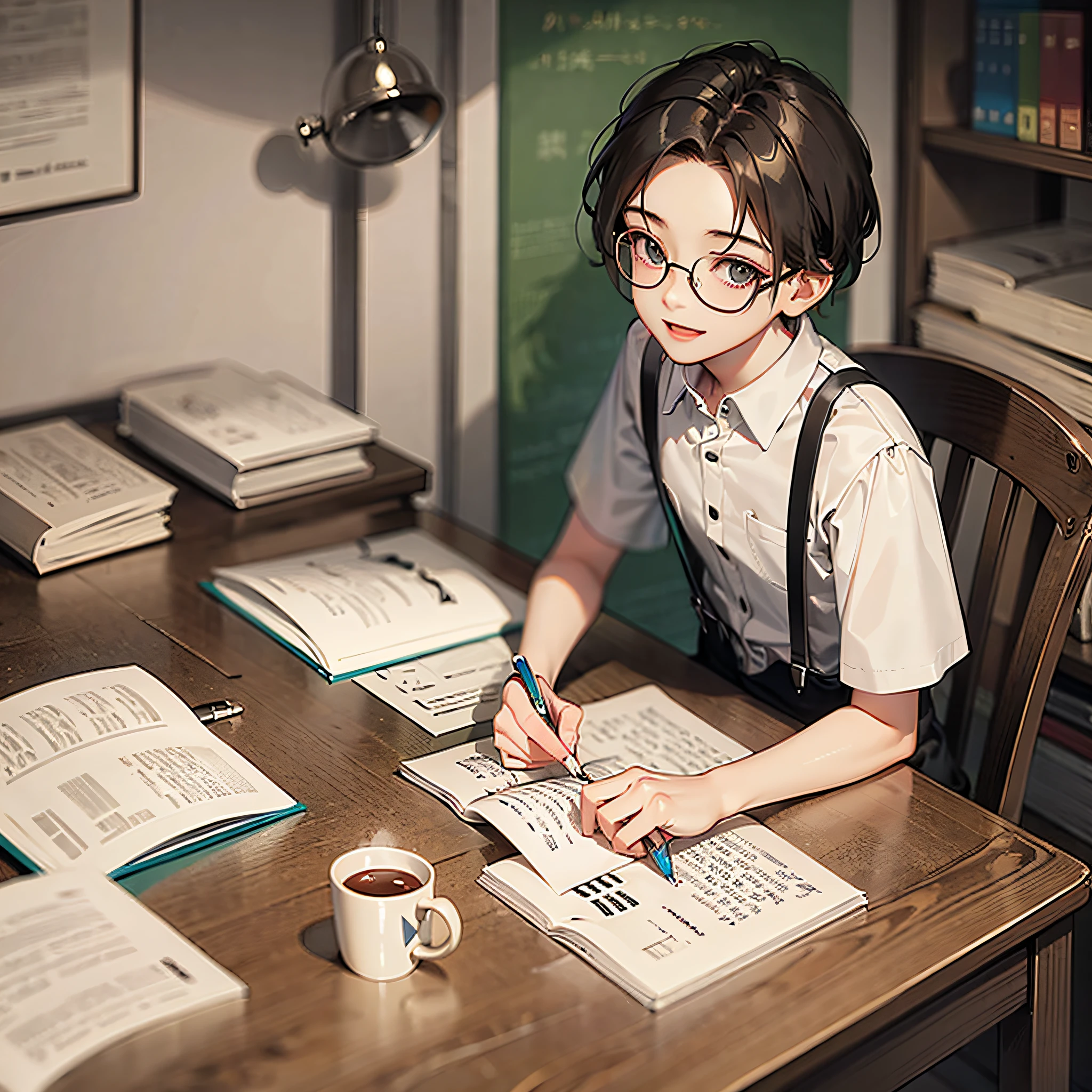 Chinese boy,Wearing glasses,ssmile,Split head,Black and white suspenders,Write homework,photorealestic