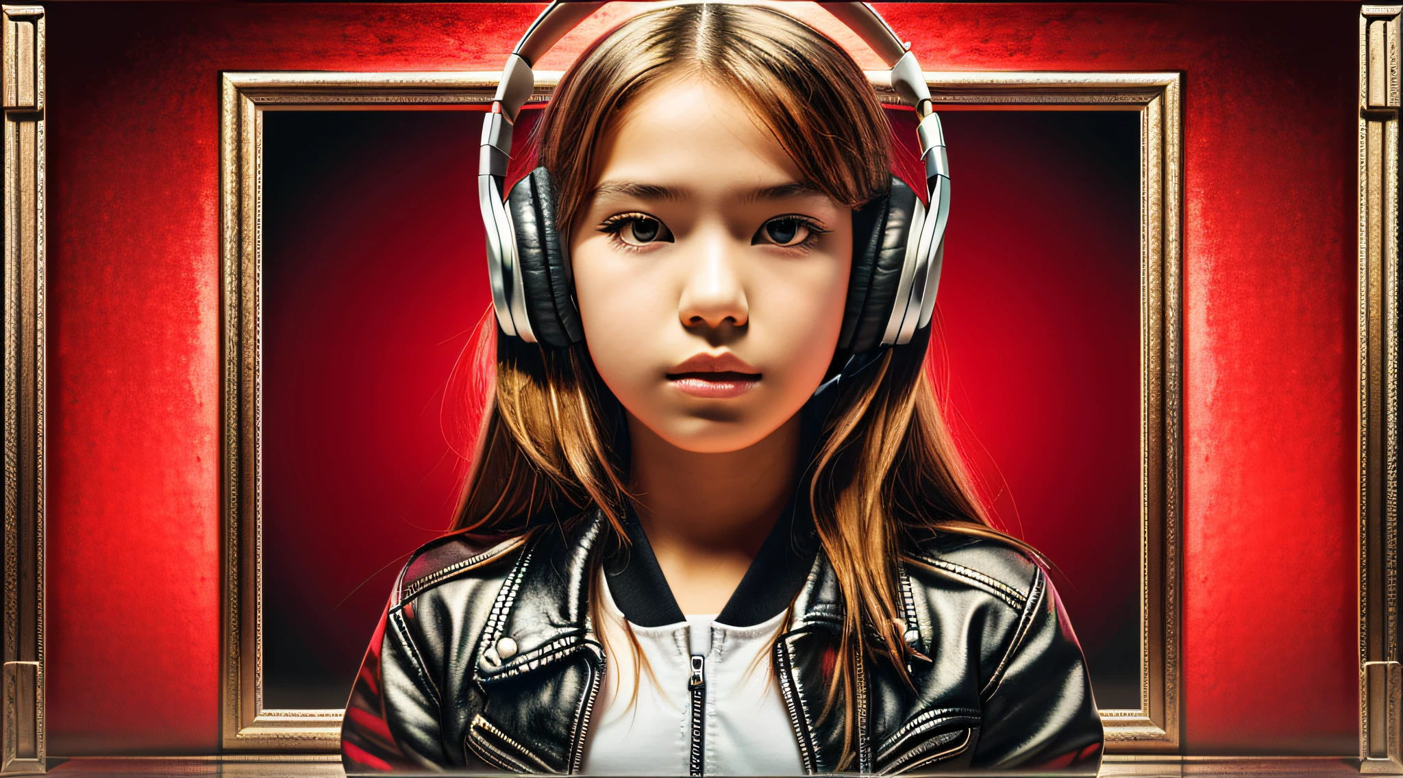 GIRL , RUSSIAN BLONDE long hair and headphones, portrait, SILVER LEATHER JACKET, VINYL AND CDS red background.