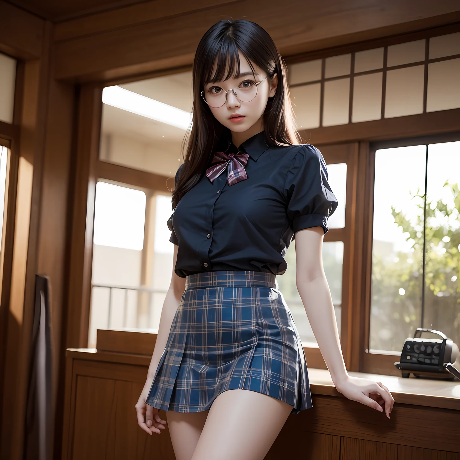 (8K、Raw photography、beste-Qualit、masterpiece:1.2)masterpiece,beste-Qualit、Super-High Resolution,Raw photo,ren,Beautiful fece,shorth hair,One person, 独奏,eye glass,,Dark look,Small breasts,fullllbody,Round glasses、cute little、japanese lady,is standing,Hard-eyed,skinny,Rasping,irate,small tits,flat breast(a photorealistic:1.37)、Photon mapping,Light blue ribbon,Realistic、Cute little face,Brown-eyed、Black socks、Red bow tie、Radio City、Physically Based Rendering、Foreground、depth of fields、Blurry background、The photograph,The girls、Body, Long legs, Thin leg, Medium hair,(Bangs are visible), Hair_ornament detached, s lips, Blue_The eye, nosesoft, Light blue shirt, Navy blue and white plaid pleated skirt, Sheer clothing,, Thigh, Black cotton socks