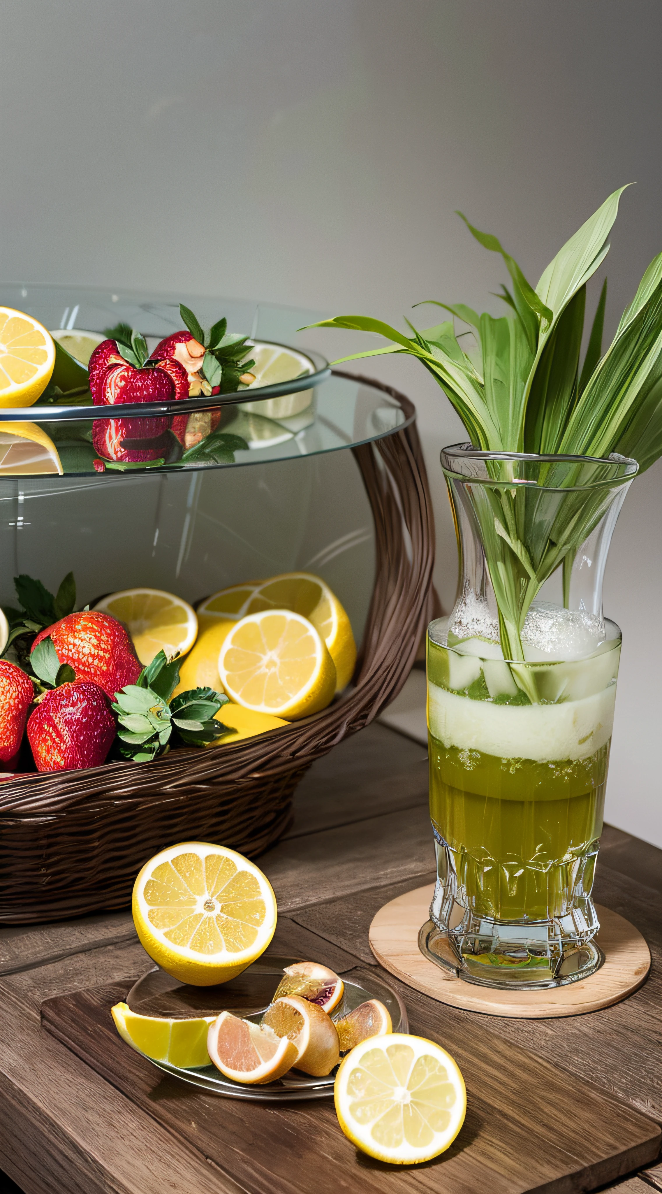 Glass showcase，Various fruits，lemon juice，