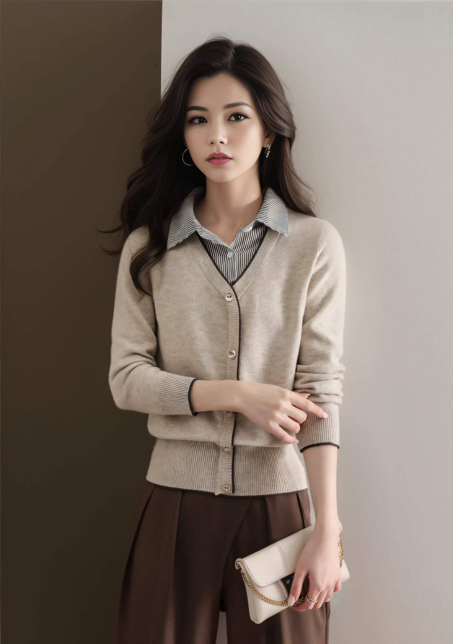 8K，Thirty Years Female，Temperament，Korean model，Fine fine skin，highly detaile，Digital photography，surrealism painting，beatifull（tmasterpiece，Sideslit，Fine beautiful eyes：1.2），prette，high qulity，Original Drawing，Realistic details of skin，cabelos preto e longos，Natural light and shadow，sharp fokus，Ultra-fine face，photo-realistic，standingn，High details，cinmatic lighting，The ultra -The high-definition，Anatomical correct，best quailty，stylish outfit，Official Product Pictures，product introduction photos，