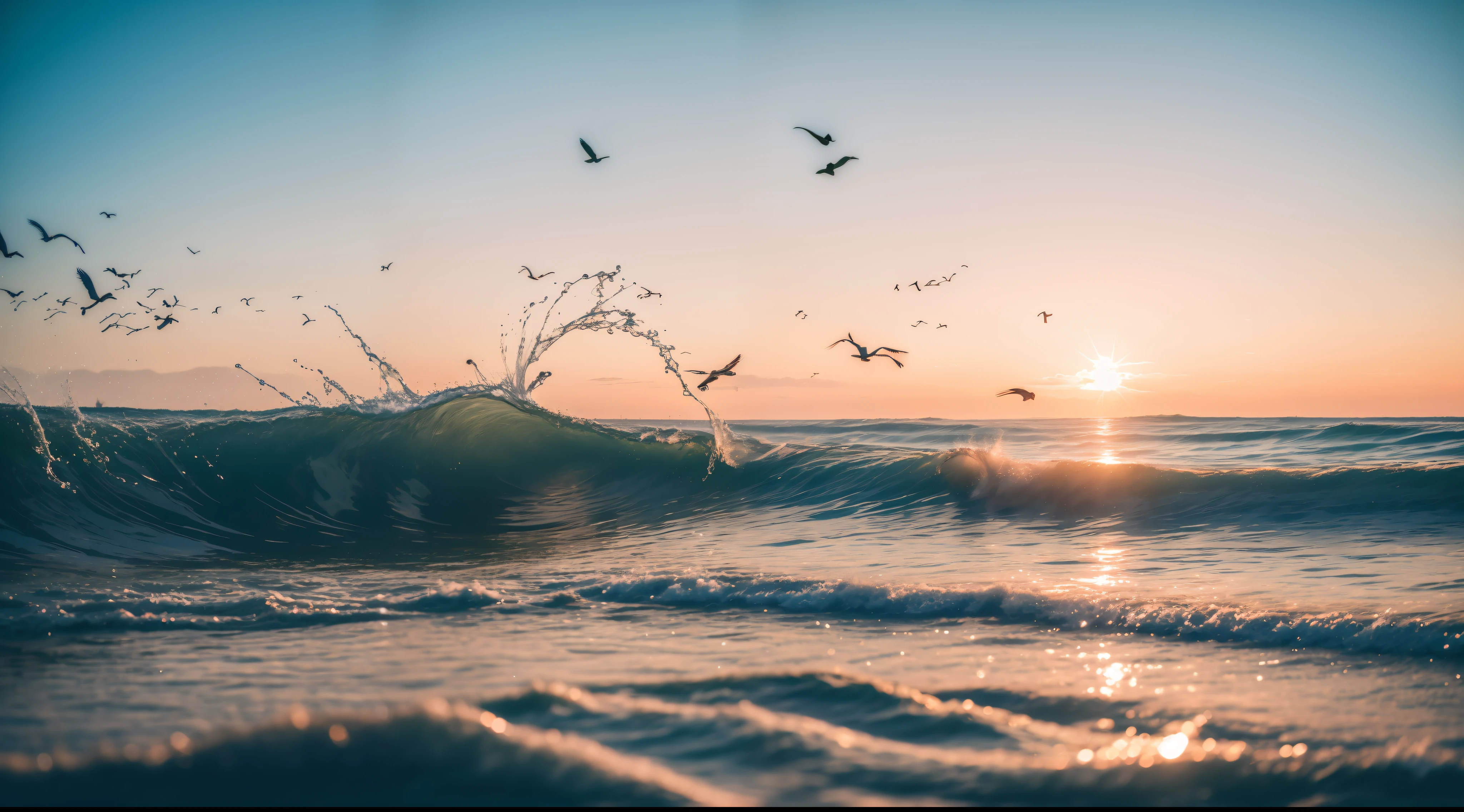 seaside beach, sony a7, film gain, sunset Cinematic lighting, Photorealistic, one-point perspective, 32K, diffuse reflection, colorful shiny particles, flying colorful birds, colorful fluid, colorful water splash, sharpnes, Big wave