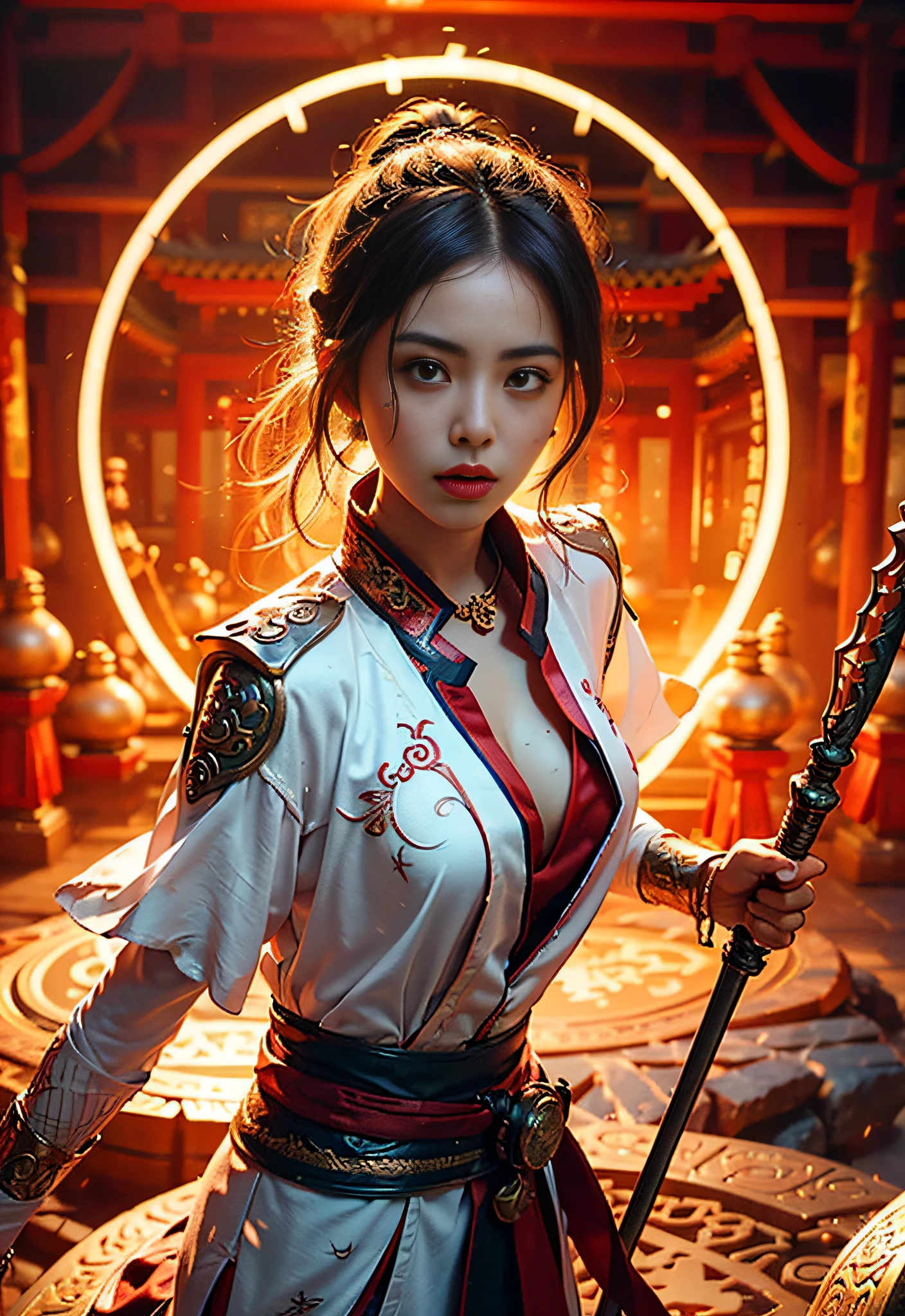 Best quality,masterpiece,ultra high res,(photorealistic:1.4),xiuxian,weapon,Detailed face,
1girl,solo,weapon,cleavage,(magic circle:1.2),xiuxian,upper body,Beautiful girl,full body,east asian architecture,sheath,architecture,