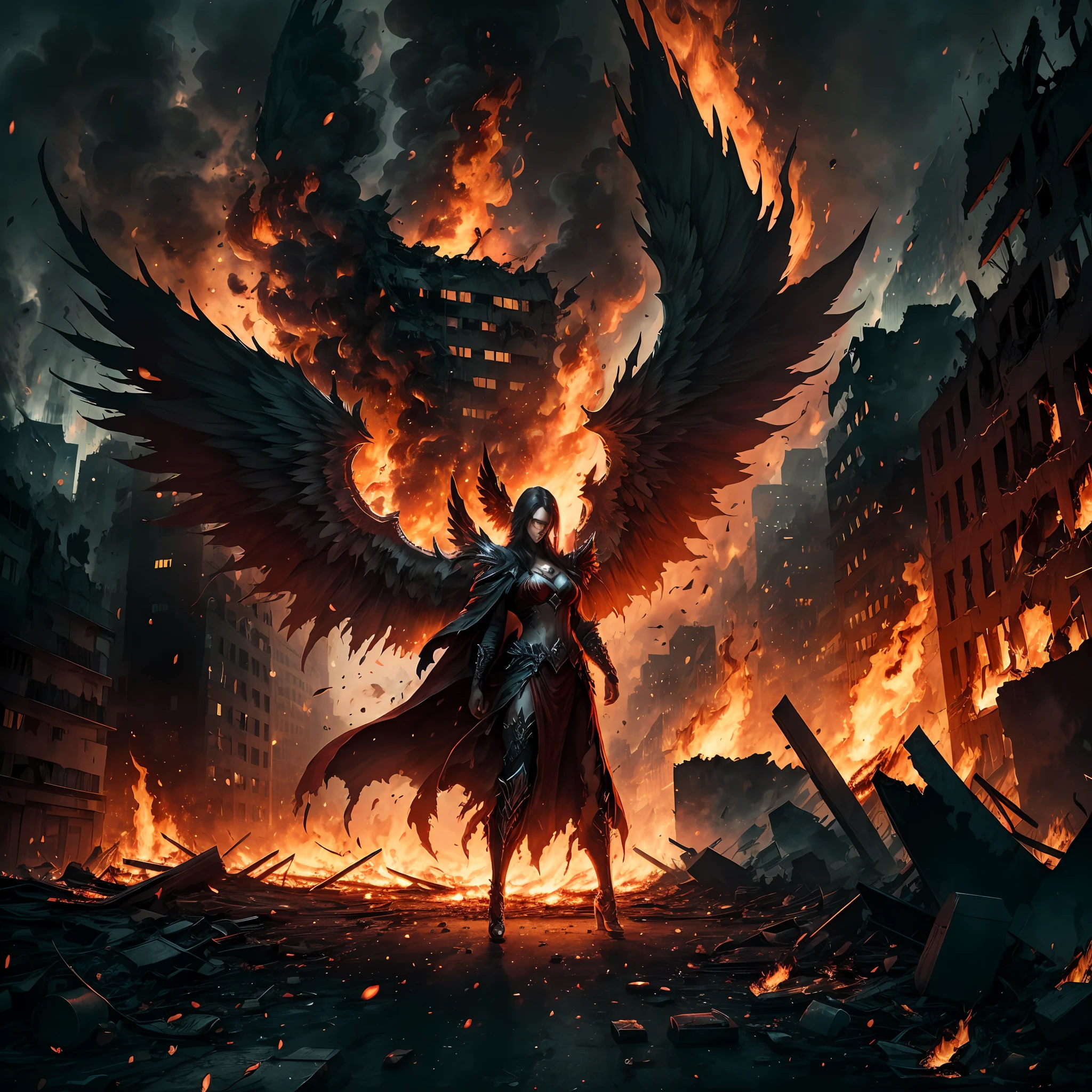 (((Red))) evil fallen angel depicted in a photorealistic style. The fallen angel is portrayed as a sexy and seductive figure with ((())) huge firewings. The scene is set in an apocalyptic city engulfed in flames. The focus of the image should be on capturing the realistic anatomy and alluring presence of the fallen angel. The firewings should be prominently displayed, emanating intense flames. The cityscape in the background should convey a sense of devastation, with buildings in ruins and engulfed in chaotic flames. The atmosphere should be dark and intense, reflecting the apocalyptic theme. The camera lens used for this image is a ((50mm)) lens, capturing a medium shot of the fallen angel, emphasizing their facial expression and provocative pose. The lighting should be dramatic, with vibrant firelight and deep shadows. The resolution of the image should be ((4K)), ensuring high detail and realism --auto