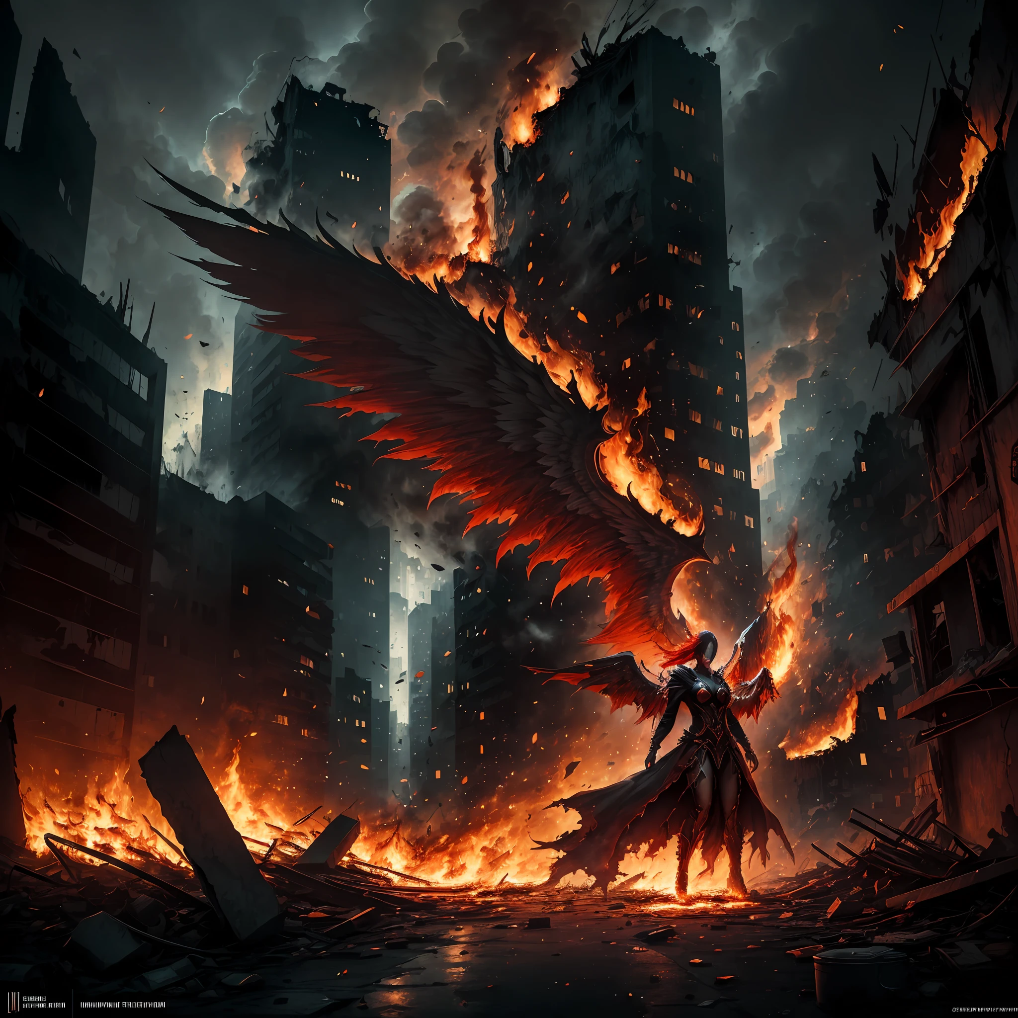 (((Red))) evil fallen angel depicted in a photorealistic style. The fallen angel is portrayed as a sexy and seductive figure with ((())) huge firewings. The scene is set in an apocalyptic city engulfed in flames. The focus of the image should be on capturing the realistic anatomy and alluring presence of the fallen angel. The firewings should be prominently displayed, emanating intense flames. The cityscape in the background should convey a sense of devastation, with buildings in ruins and engulfed in chaotic flames. The atmosphere should be dark and intense, reflecting the apocalyptic theme. The camera lens used for this image is a ((50mm)) lens, capturing a medium shot of the fallen angel, emphasizing their facial expression and provocative pose. The lighting should be dramatic, with vibrant firelight and deep shadows. The resolution of the image should be ((4K)), ensuring high detail and realism --auto