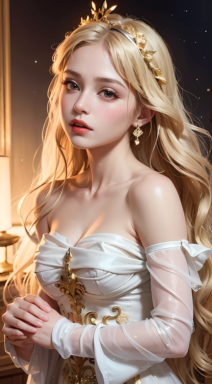 A goddess in a dress made of white and gold silk，Refined face，The demeanor is sad，Tears in her eyes，Hand optimization details，Headband with metallic flower crown，Overhead halo，Flowing hair，Long blonde hair spilling moonlight，The costumes are gorgeous and shiny，RococoStyle，Virgin，extreme beautiful，Flowers and crystals，4K