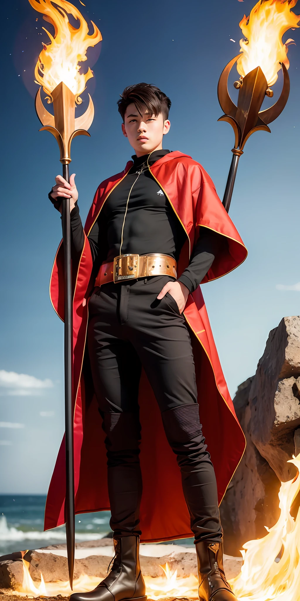 A 20-year-old youth,Handsome and handsome,Wearing a mage's robe,Holding a fiery red Fang Tian Painting Halberd