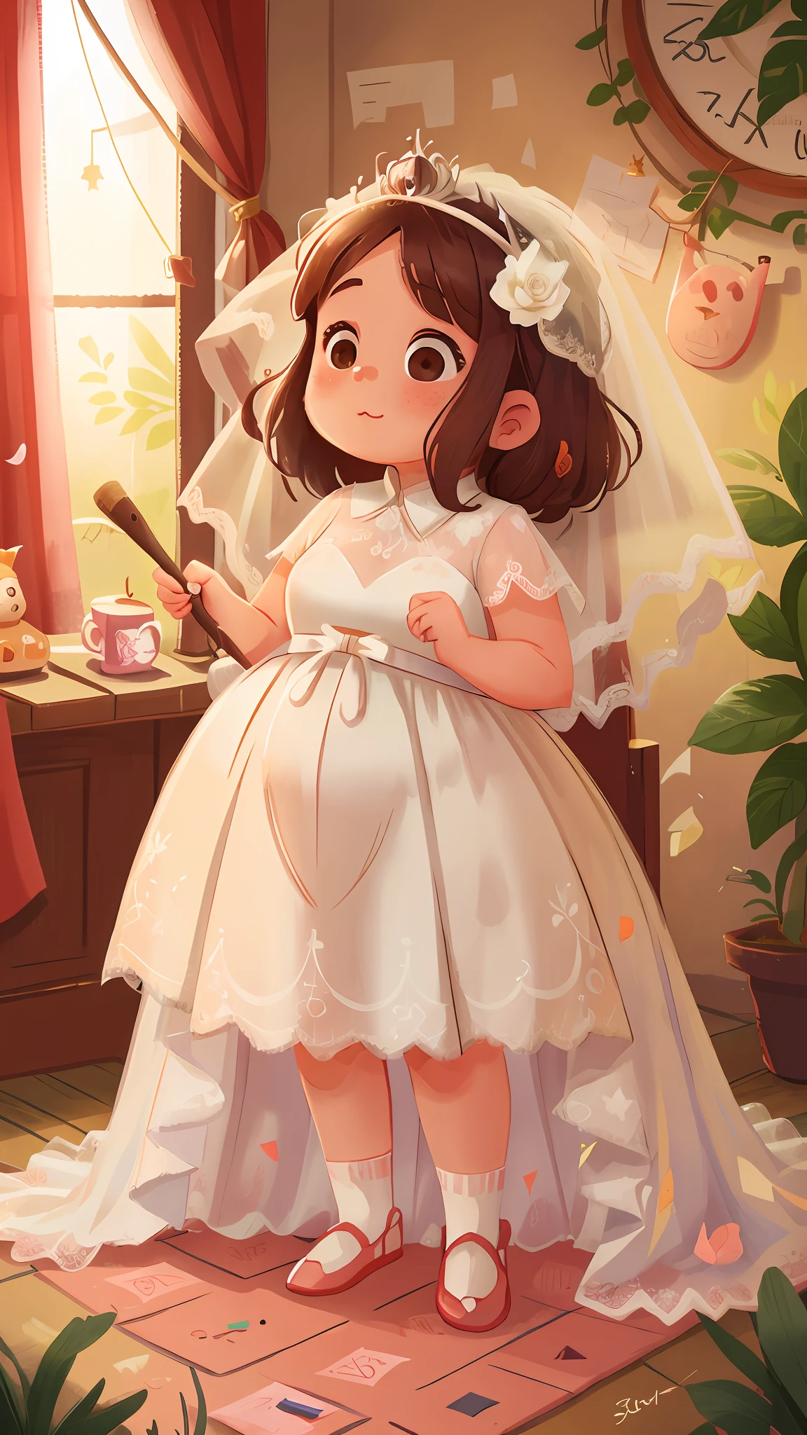 A girl with, Be cute,Slightly fat,Only the head,Wear a white wedding dress,Wear a white veil,Some wedding tiara,solidcolor