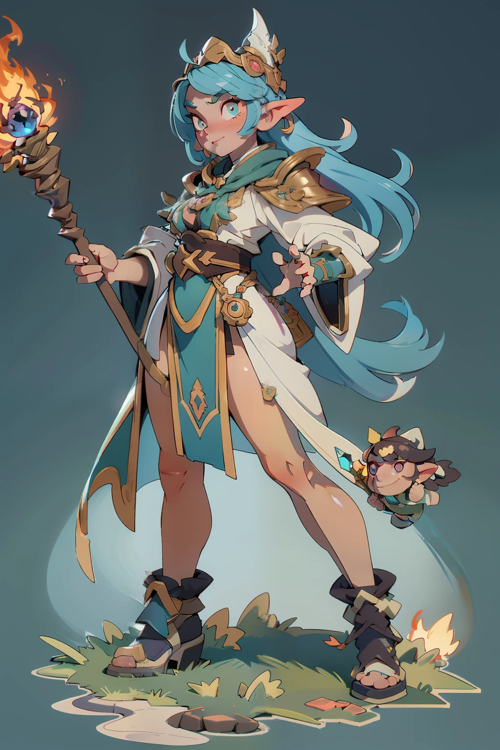 An elven magician,The huge body shape of the male character,Surrounded by magical effects,Very thick arms,Very exaggerated armor,Surrounded by special effects of fire magic,Determined eyes、fullllbody、Clear facial features,Exquisite mage robes,Amazing facial features,Delicate staff,There is a brilliant gemstone at the tip of the staff,Sharp eyes,Feeling of security,Complex design,boots,grass field、steins,Game model,Full body character design,Stunning lighting,C4D,oc rendered,cinematic rim light,Fine light,tmasterpiece,super detailing,Epic composition,The ultra -The high-definition,high qulity,32K