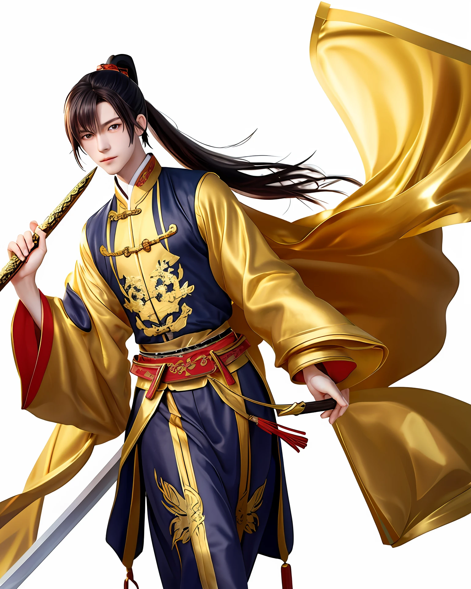 1boy,China-style，Ancient China，Long hair ponytail，Bangs in the middle，Clothes with gold rimmed on white background，Holding a golden sword in one hand，Walking in the rain