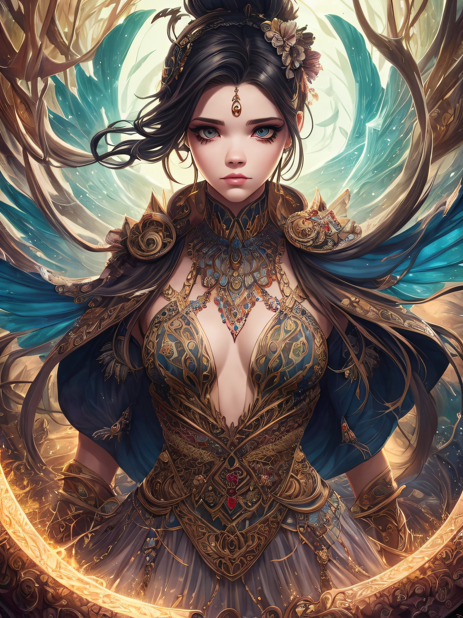 Full-length view, stunning beautiful model (India Eisley), hyper-detailed eyes and face, extreme angle, perfect makeup. Art by Chrissy Zullo, illustrations characterized by a distinct mix of whimsical elements with darker undertones, with predominantly female characters in stylized form with elongated limbs, the work is highly detailed and uses a bold color palette, combining natural and fantastical elements, giving the characters a sense of an otherworldly, dreamlike quality, that captures the imagination and emotions of the audience. --auto