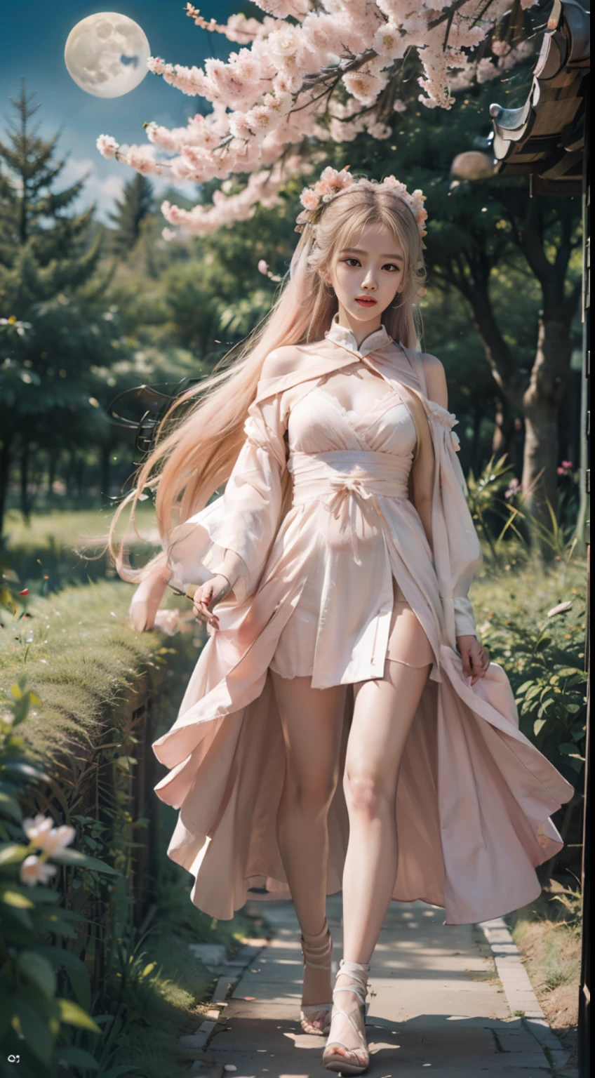 (best illumination, best shadow, an extremely delicate and beautiful), 8k wallpaper,(classic, illustration, painting,  sketch), original,Chinese style,((1 Cheinese girl)),(solo),( perfect body,perfect hands and fingers,[:(holding a branche:1.3):0.6], [:bare thigh:0.5], [:[Embroidered shoes|barefoot]:0.4]),((a cute and anime face:1.2), ([:detailed pink eyes:0.4])),/(hanfu,(white, pattern, clouds),floating ribbons),(super long light pink hair,floating hair, blossoms on head),(Ten miles of peach blossoms,(Peach forest),bright moon),(Chinese architectures),attic,,