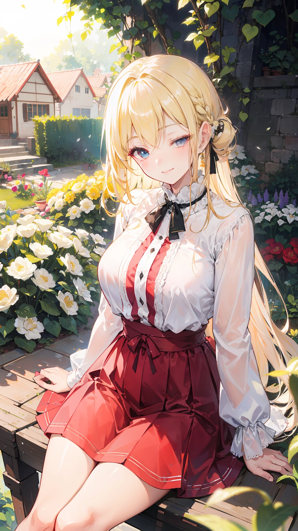"Epic morning garden atmosphere, stunning 4k artwork featuring a confident mommg long flowing vibrant light-blonde hair. Her two eyes is closed. She sitting with smile, and she have powerful mommy aura and wear village cloth"