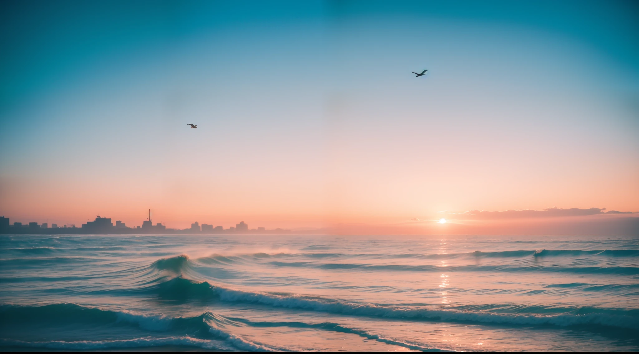 seaside beach, sony a7, film gain, sunset Cinematic lighting, Photorealistic, one-point perspective, 32K, diffuse reflection, bloom, colorful shiny particles, flying colorful birds, colorful fog, colorful fluid, colorful water splash, big wave