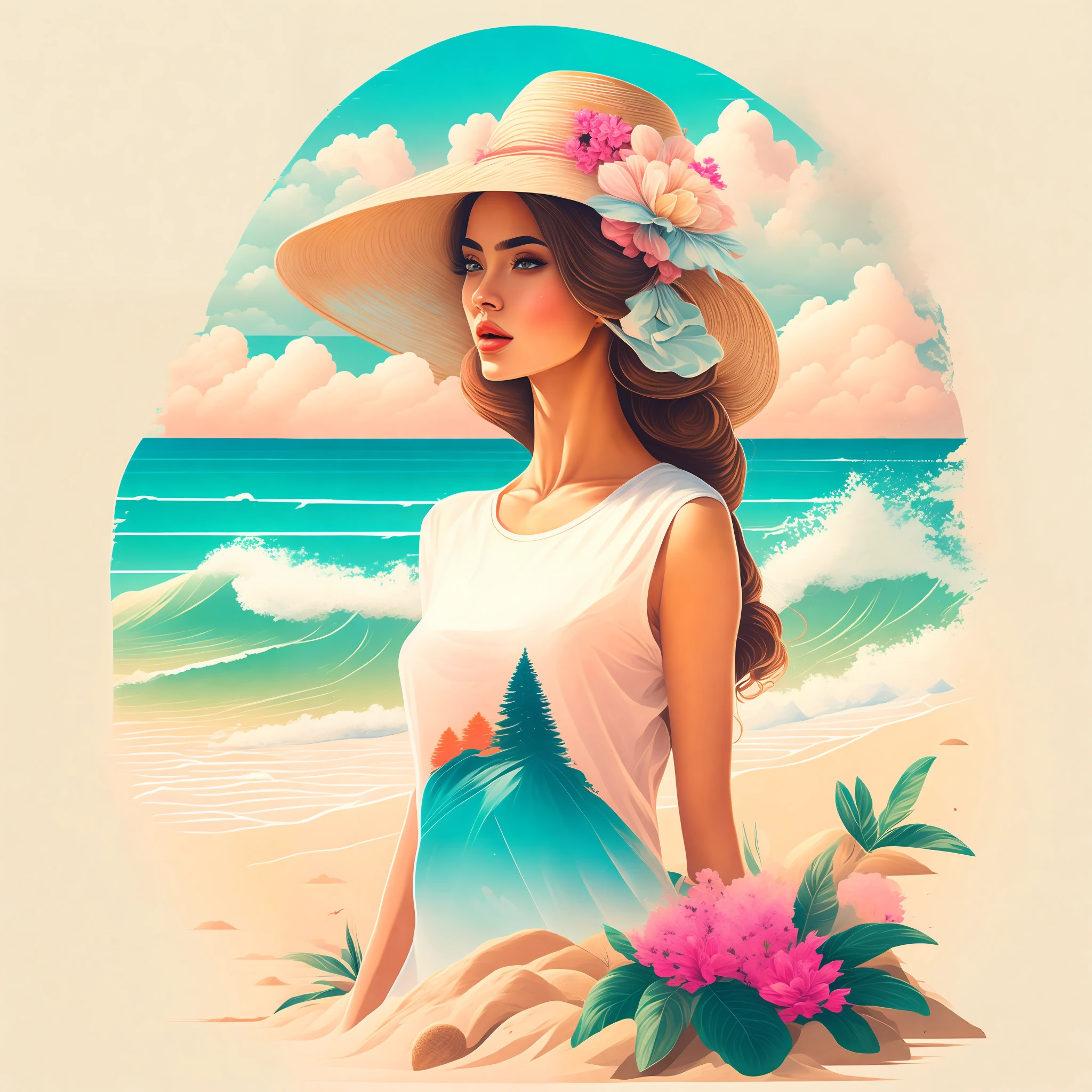 A beautiful woman on a beach in a summer landscape, design de camiseta, no meio da jornada, arte vetorial,