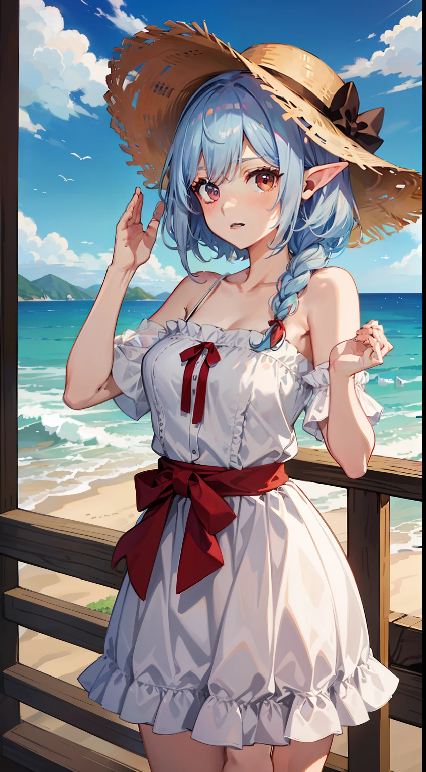 ((Put your hands on your face)), ((Raise both hands)), ((Overlooking the sea)), 1 Whole body of a girl, elvish, has silver hair, Red Eyes, bob cuts, Braided hair, summer dress, White dress, camisole, frilld, a straw fedora hat, Embarrassing, Red face, gender change, speculum, Seaside city, concept-art, beautiful anime scene, Beautiful anime scenery, beste-Qualit, masterpiece
