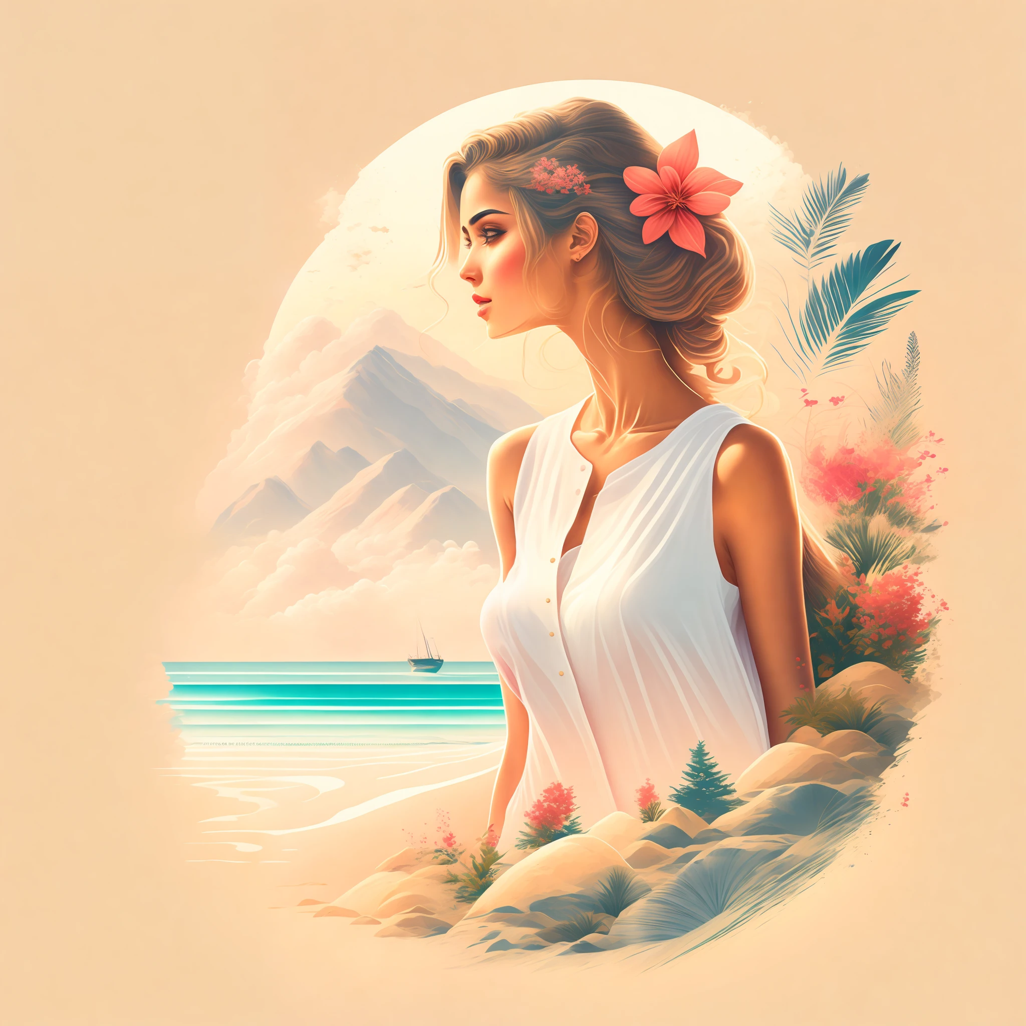 A beautiful woman on a beach in a summer landscape, design de camiseta, no meio da jornada, arte vetorial,