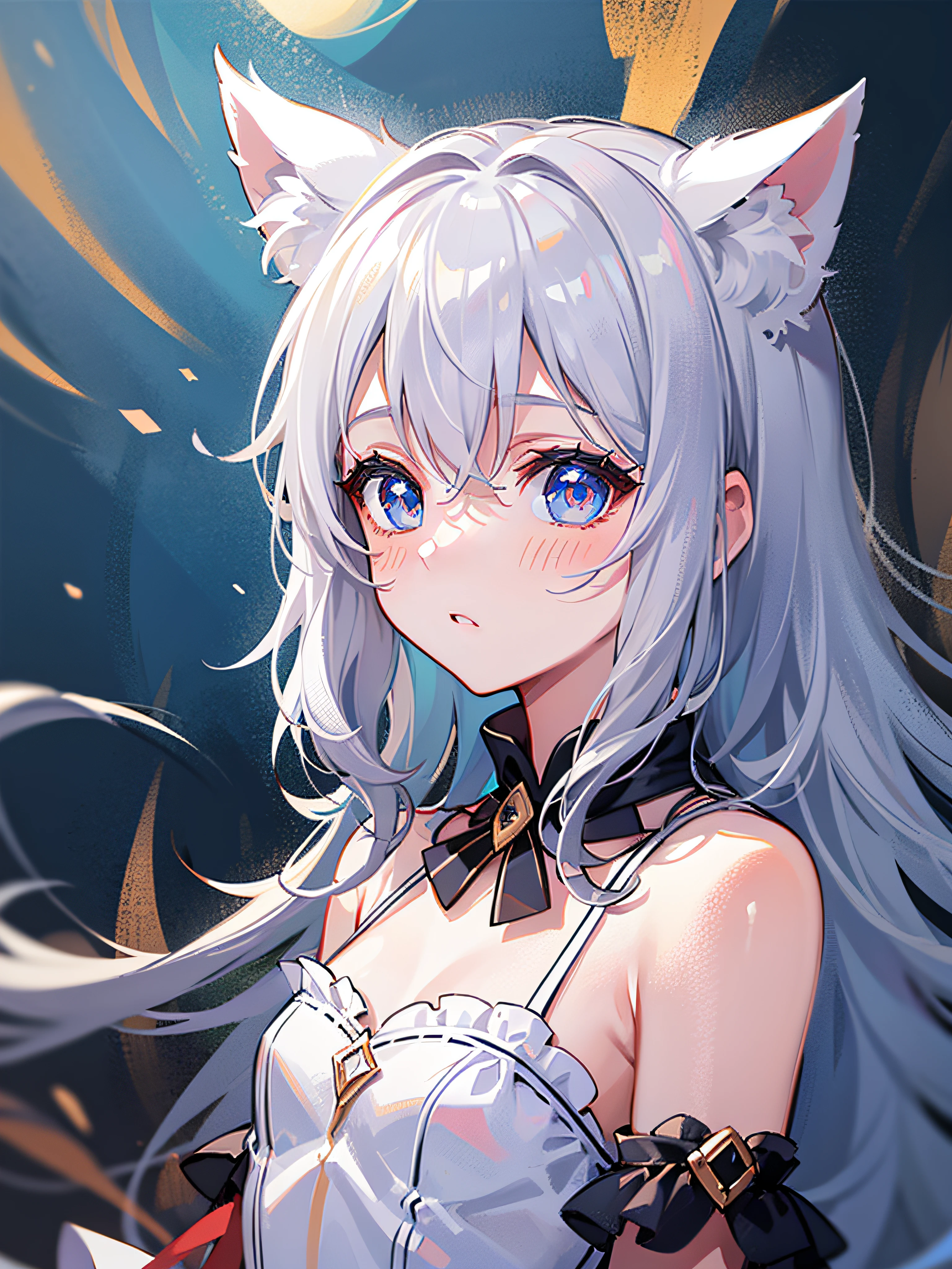 best quality, ultra precision, one girl, cute, ***********, young, boyish, childish, small breasts, silver hair, blue eyes, beautiful eyes, teen girl, she loves you, blush, beautiful skin, (princess), (white dress), cat ear,