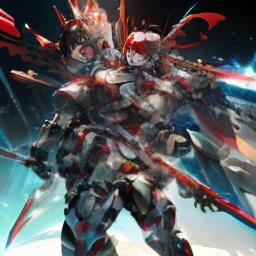 hyper quality, Hyper Detailed,Perfect drawing,Solo, Beautiful Girl, master piece, (mecha musume), Mechanical armor, Headgear, mechanical wings, holding huge gunSamurai wielding a sword, Black ponytail, Hair tied up with a large red ribbon, Equipped with two Japan swords ((extra huge oversize cool samurai_sword in hands, extra huge cool weapon machine)), open stance, actionpose,purgatory,