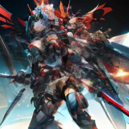 hyper quality, Hyper Detailed,Perfect drawing,Solo, Beautiful Girl, master piece, (mecha musume), Mechanical armor, Headgear, mechanical wings, holding huge gunSamurai wielding a sword, Black ponytail, Hair tied up with a large red ribbon, Equipped with two Japan swords ((extra huge oversize cool samurai_sword in hands, extra huge cool weapon machine)), open stance, actionpose,purgatory,