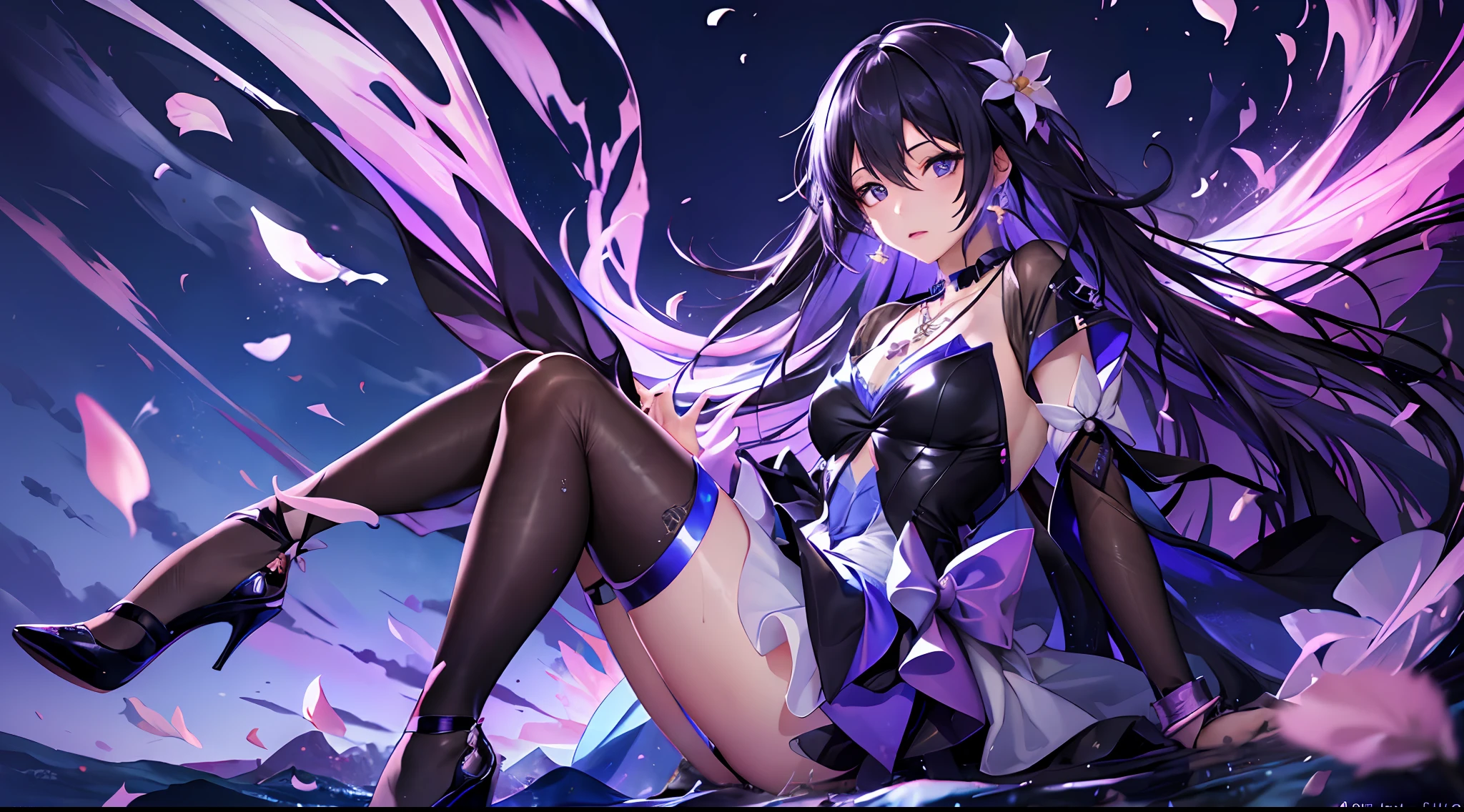 (floating hair:1.2), (detailed and delicate and flexible eyes),(1girl, Dress, Heels,Necklace, Earrings, Bracelet :1.3), (corrpution,seele hsr:1.2), purple_hair, long_hair, purple_eyes ,fov, f/1.8, sky, flower petals flying, front portrait shot, side lighting, sunlight on people (masterpiece, best quality, Ultra Detail, wallpaper, detailed shiny skin, flawless, 8k, RAW, highres,absurdres,:1.3), (detailed super oily shiny skin:1.1),[wet:0.8|mucus], sitting, colorful, power scene,looking at viewer , (imid shot:0.95), (full body:1.25), Dynamic angle