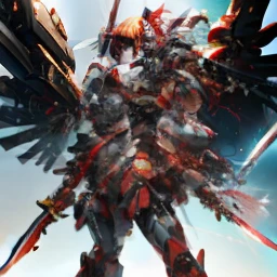 hyper quality, Hyper Detailed,Perfect drawing,Solo, Beautiful Girl, ​master piece, (mecha musume), Mechanical armor, Headgear, mechanical wings, holding huge gunSamurai wielding a sword, Black ponytail, Hair tied up with a large red ribbon, Equipped with two Japan swords ((extra huge oversize cool samurai_sword in hands, extra huge cool weapon machine)), open stance, actionpose,purgatory,