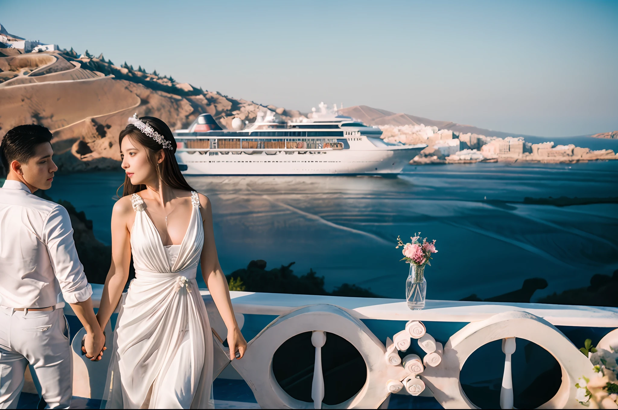 professional wedding photography, (Masterpiece), (intriciate detail), (photorealestic:1.3), (film grain:1.3), (perfect anatomia:1.3), break, party on the deck of a luxury cruise ship, background of Santorini island, break, a romantic photoshoot of a handsome man and cute woman couple, wearing elegant outfits