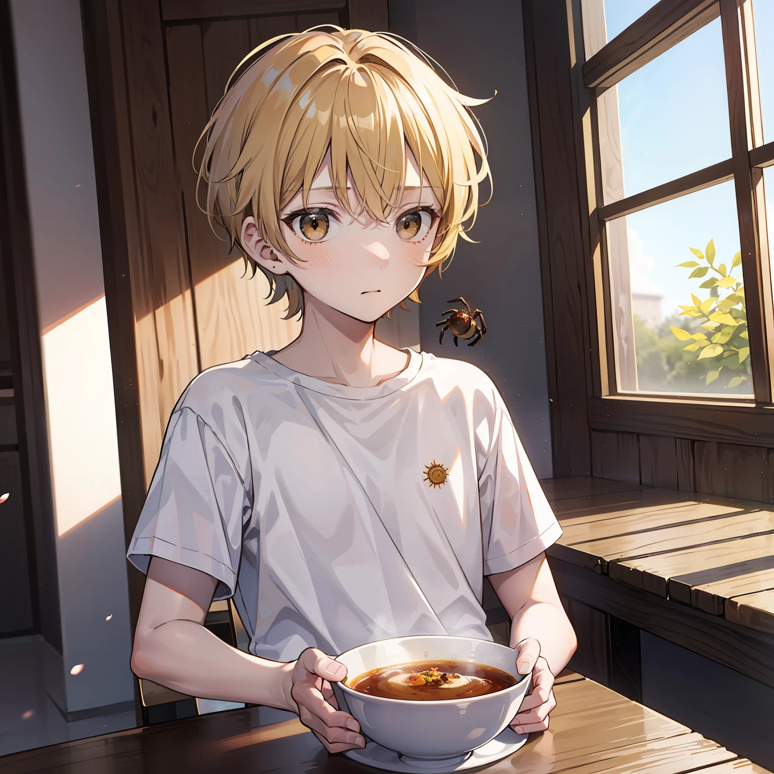 12 year old boy(Relaxed、sun beam、Kind),Short blonde hair,Light brown eyes,White T-shirt,fearful expression,Look at a spider on the table,tmasterpiece,hightquality